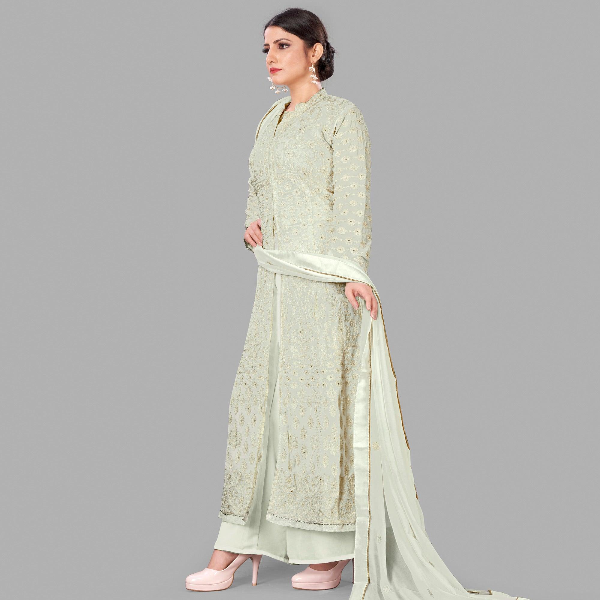Cream Partywear Embroidered Heavy Faux Georgette A line Anarkali suit - Peachmode