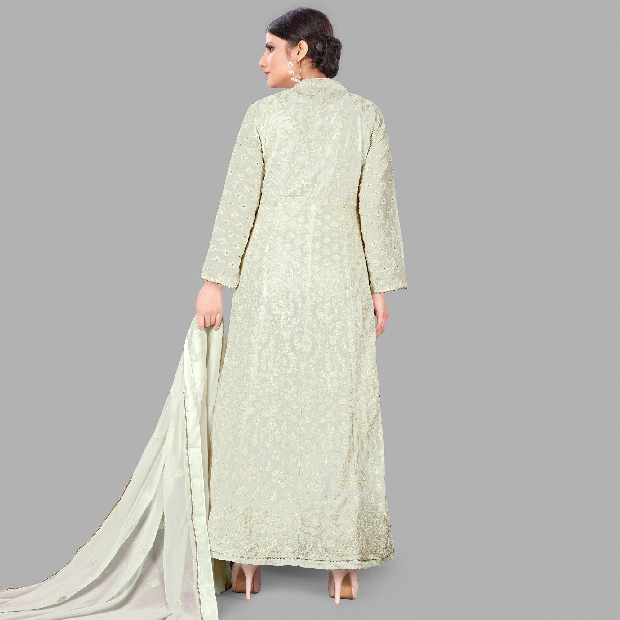 Cream Partywear Embroidered Heavy Faux Georgette A line Anarkali suit - Peachmode