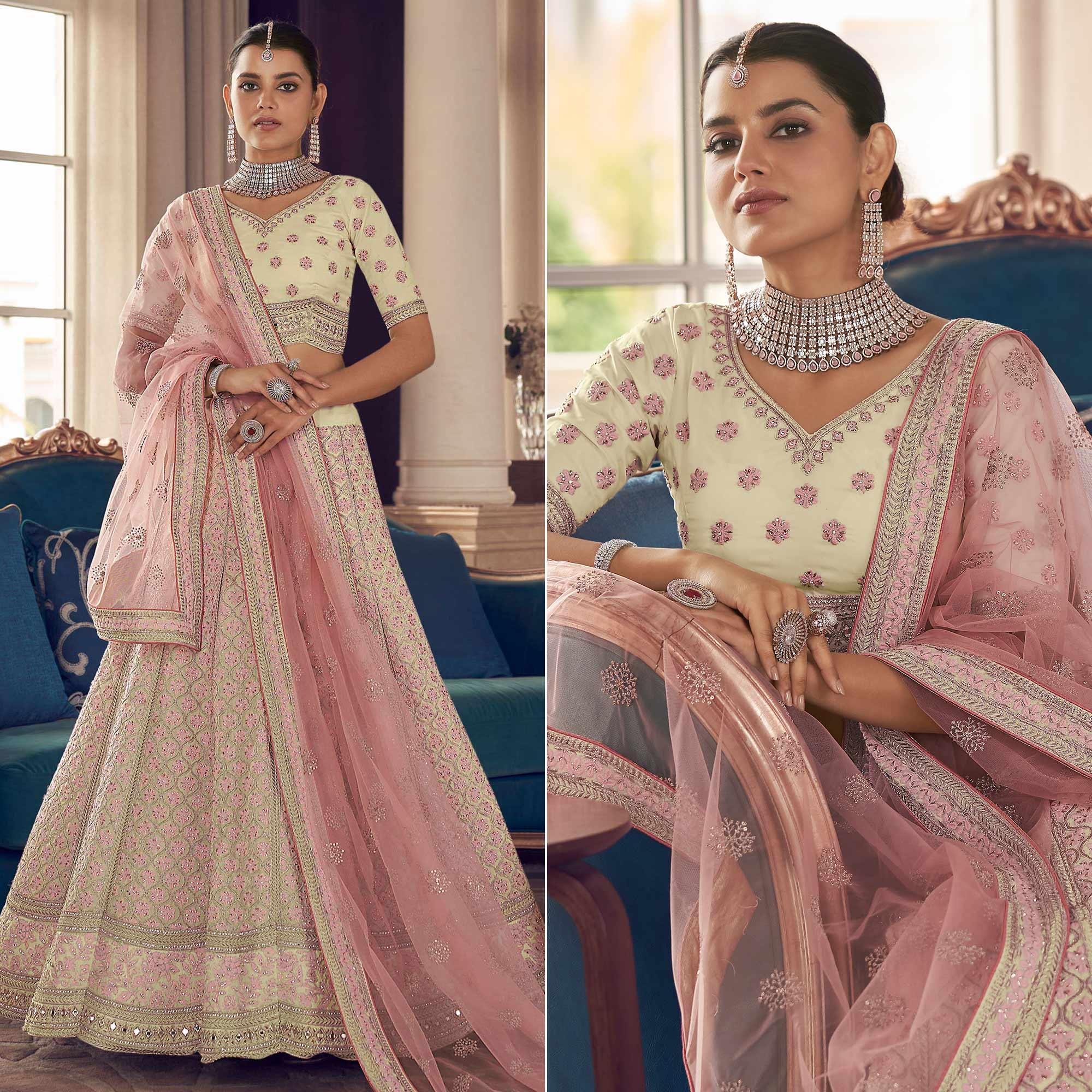 Cream Partywear Embroidered Organza Lehenga Choli - Peachmode