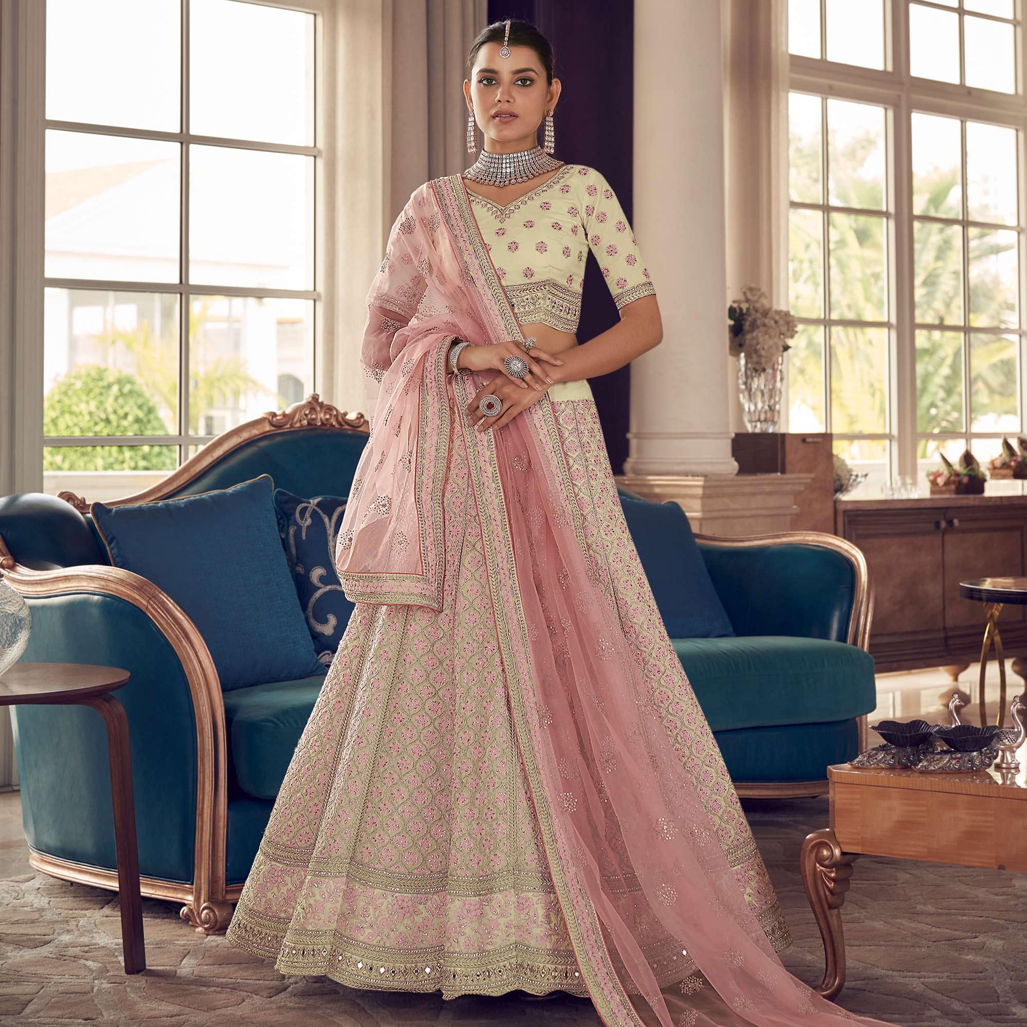 Cream Partywear Embroidered Organza Lehenga Choli - Peachmode