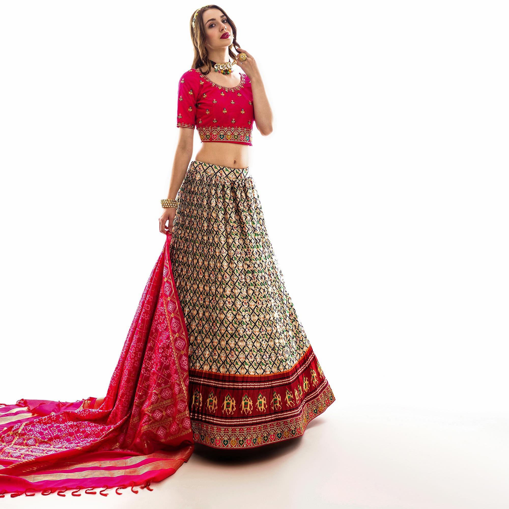 Cream Partywear Embroidered Satin Lehenga Choli - Peachmode