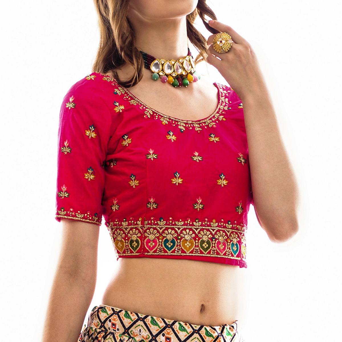 Cream Partywear Embroidered Satin Lehenga Choli - Peachmode