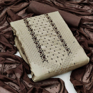 Cream Partywear Embroidered Silk Dress Material - Peachmode