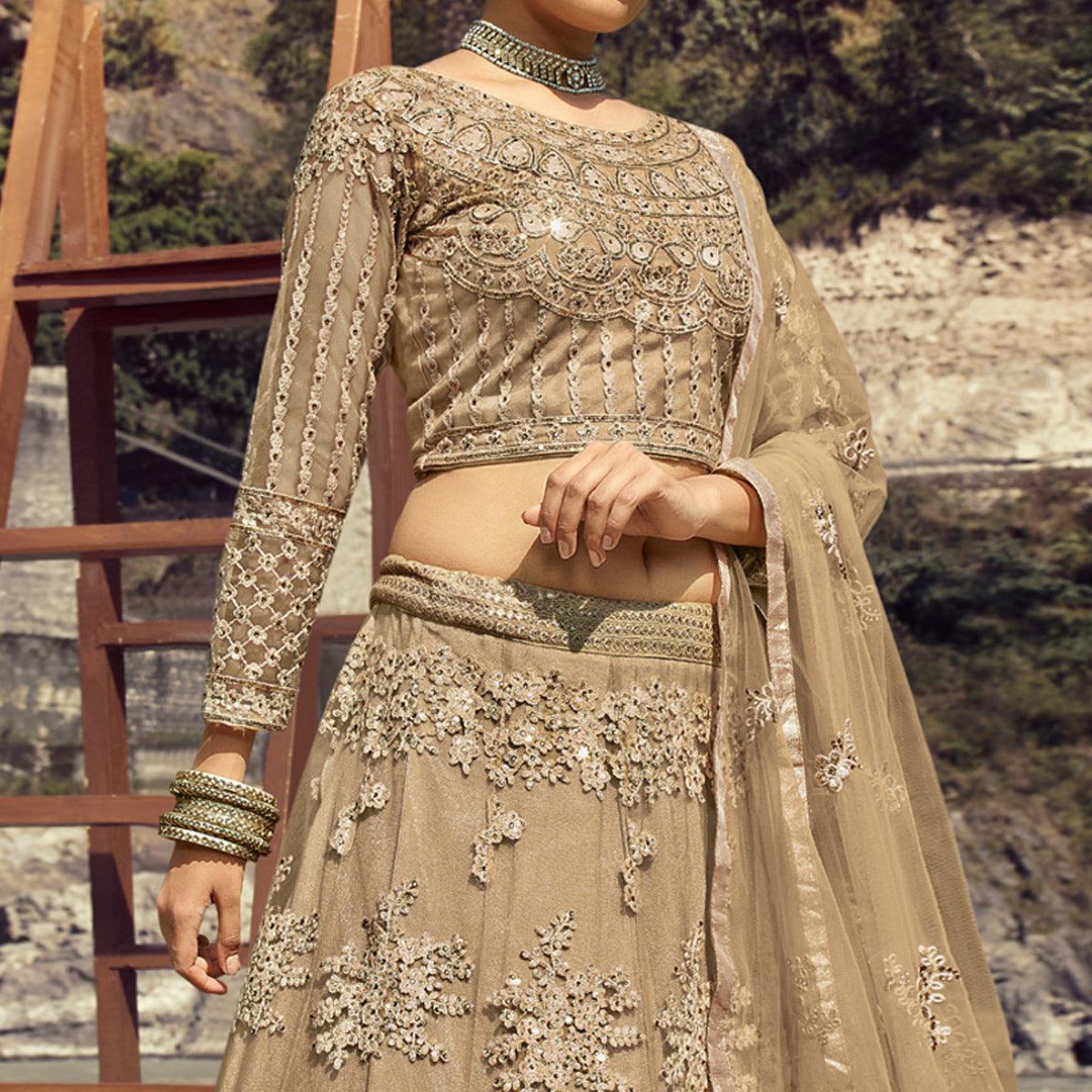 Cream Partywear Floral Heavy Embroidered Net Lehenga Choli - Peachmode