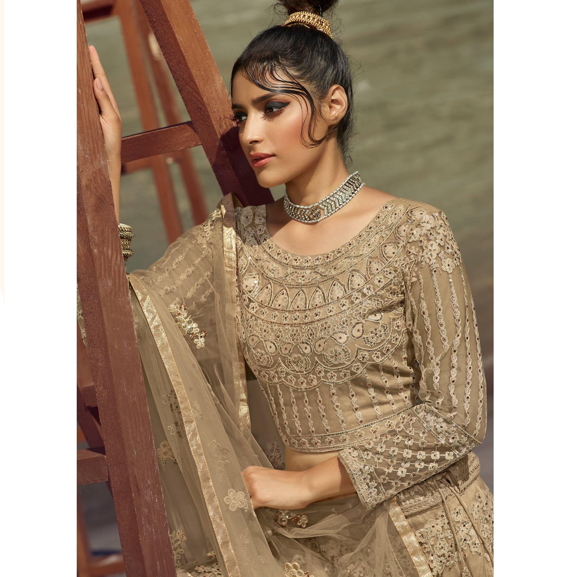 Cream Partywear Floral Heavy Embroidered Net Lehenga Choli - Peachmode
