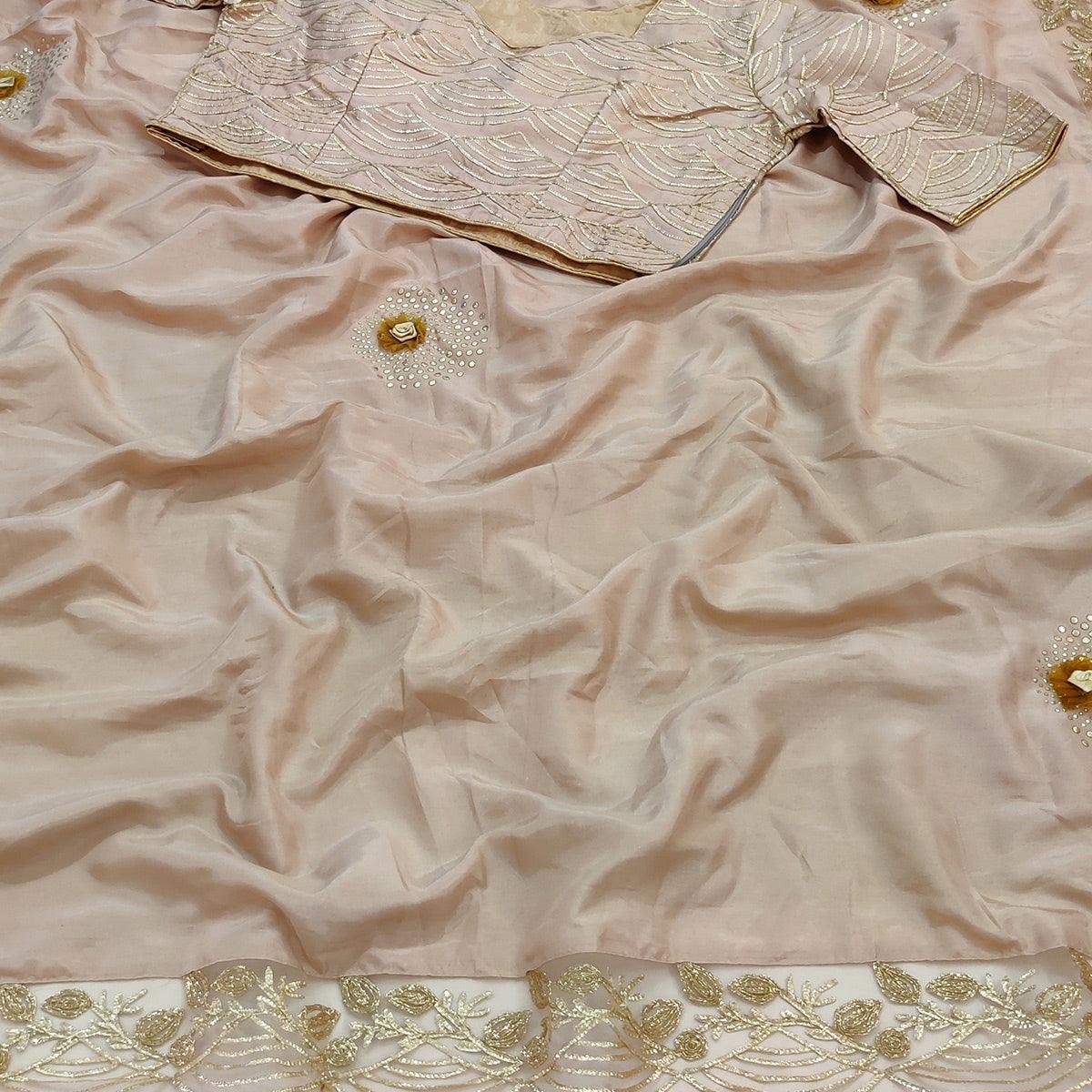 Cream Partywear Floral Mukeish Embroidered Dola Silk Saree - Peachmode
