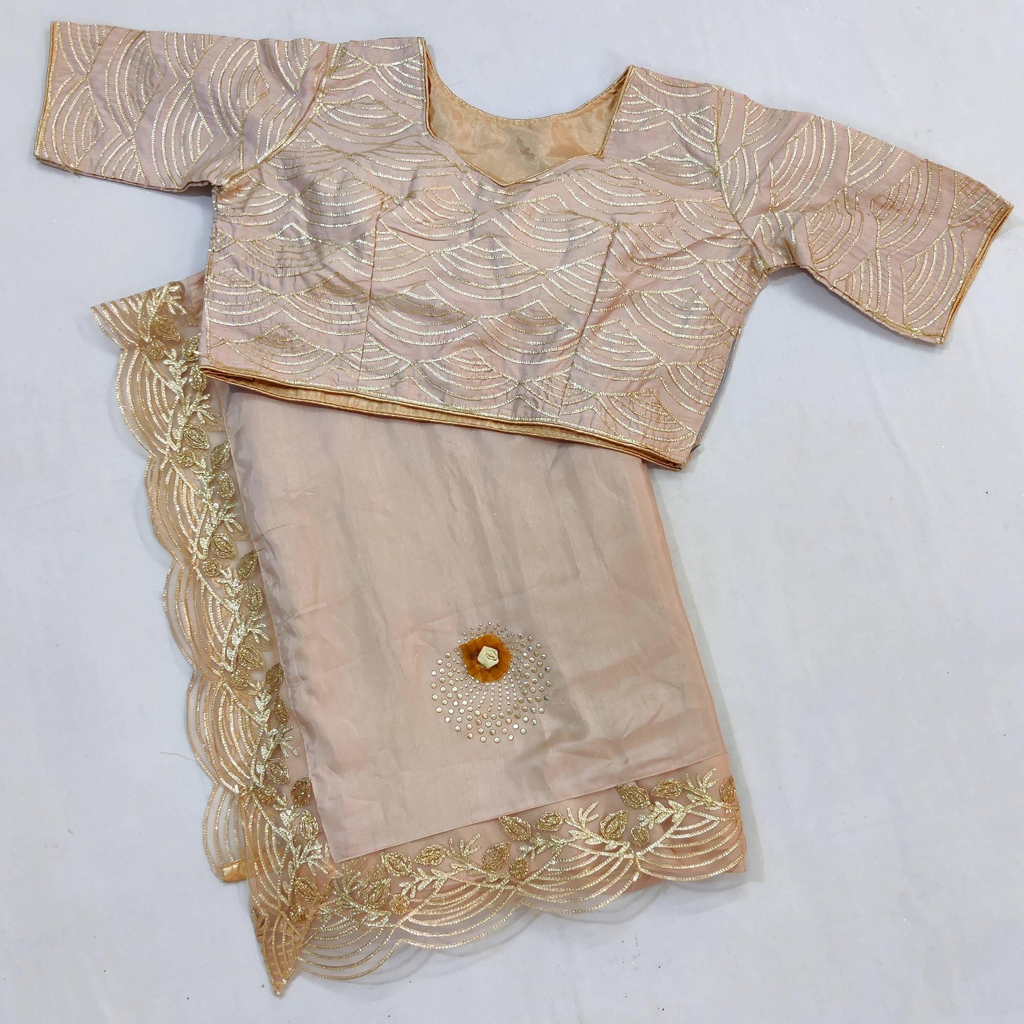 Cream Partywear Floral Mukeish Embroidered Dola Silk Saree - Peachmode