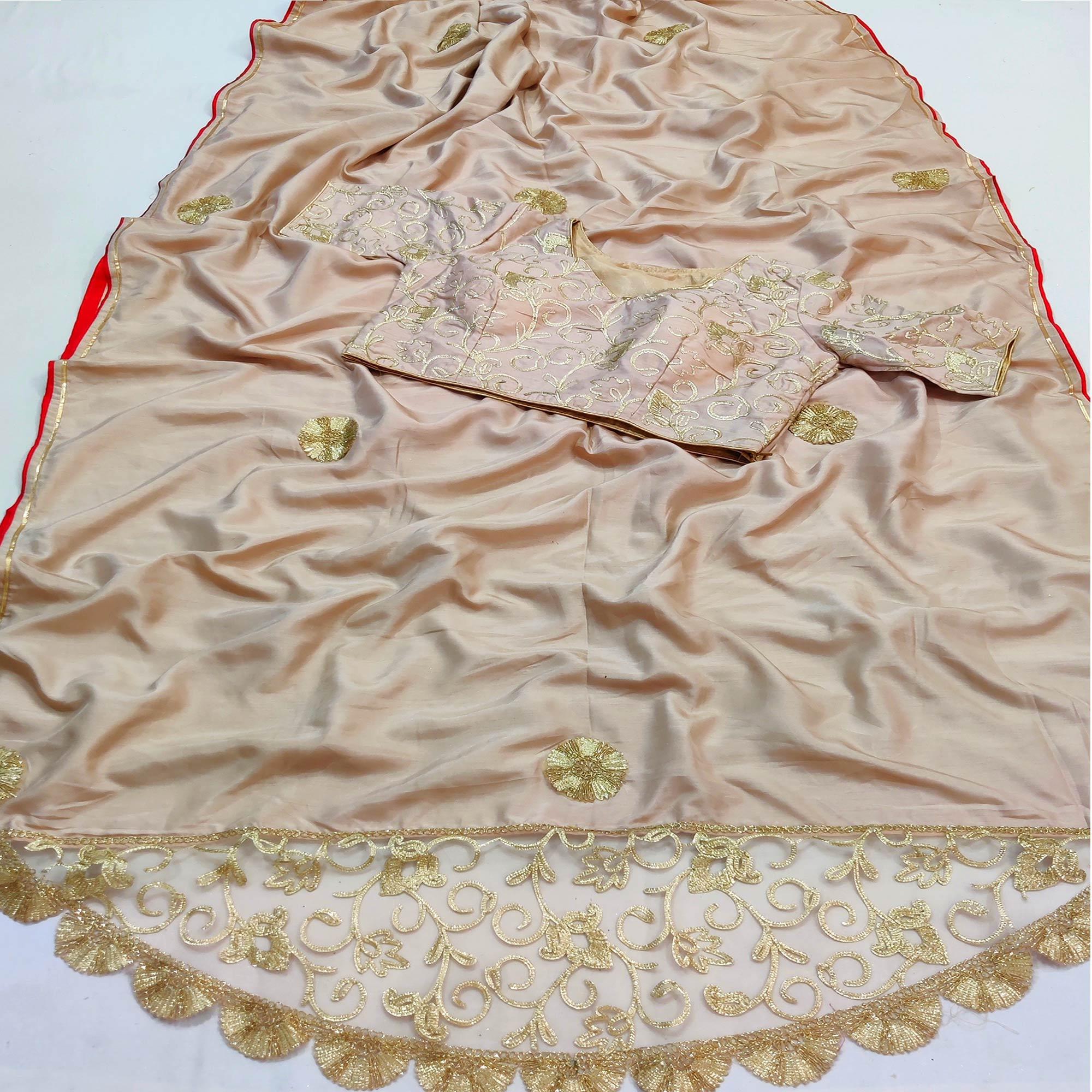 Cream Partywear Mukeish Embroidery Dola Silk Saree - Peachmode