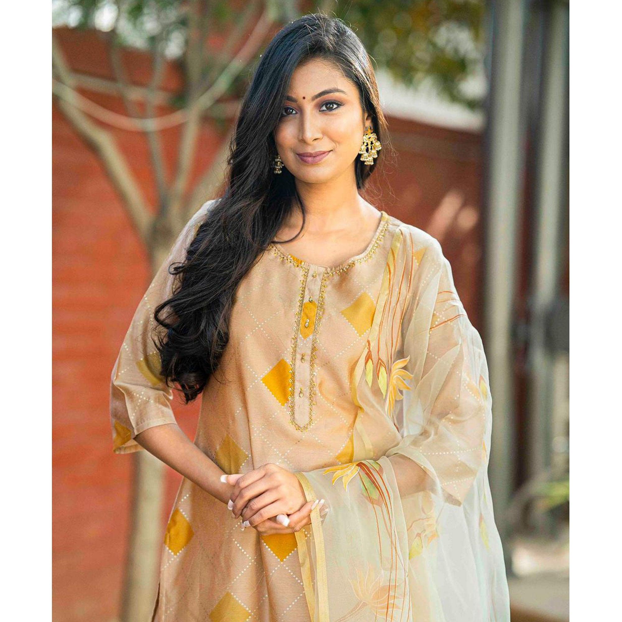 Cream Partywear Printed Cotton Silk Kurti Pant Set With Dupatta - Peachmode
