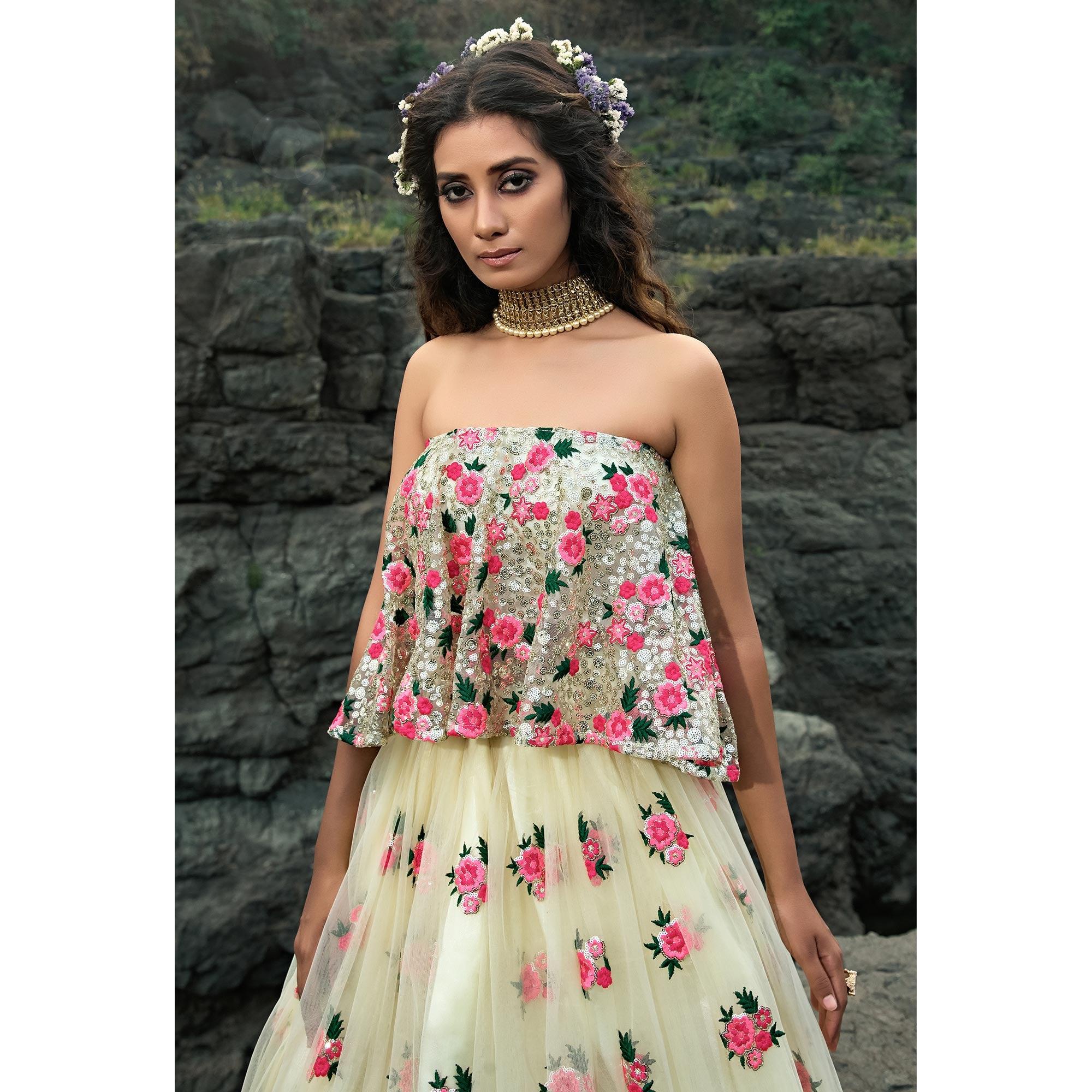 Cream Partywear Sequence Embroidered Soft Net Lehenga Choli - Peachmode