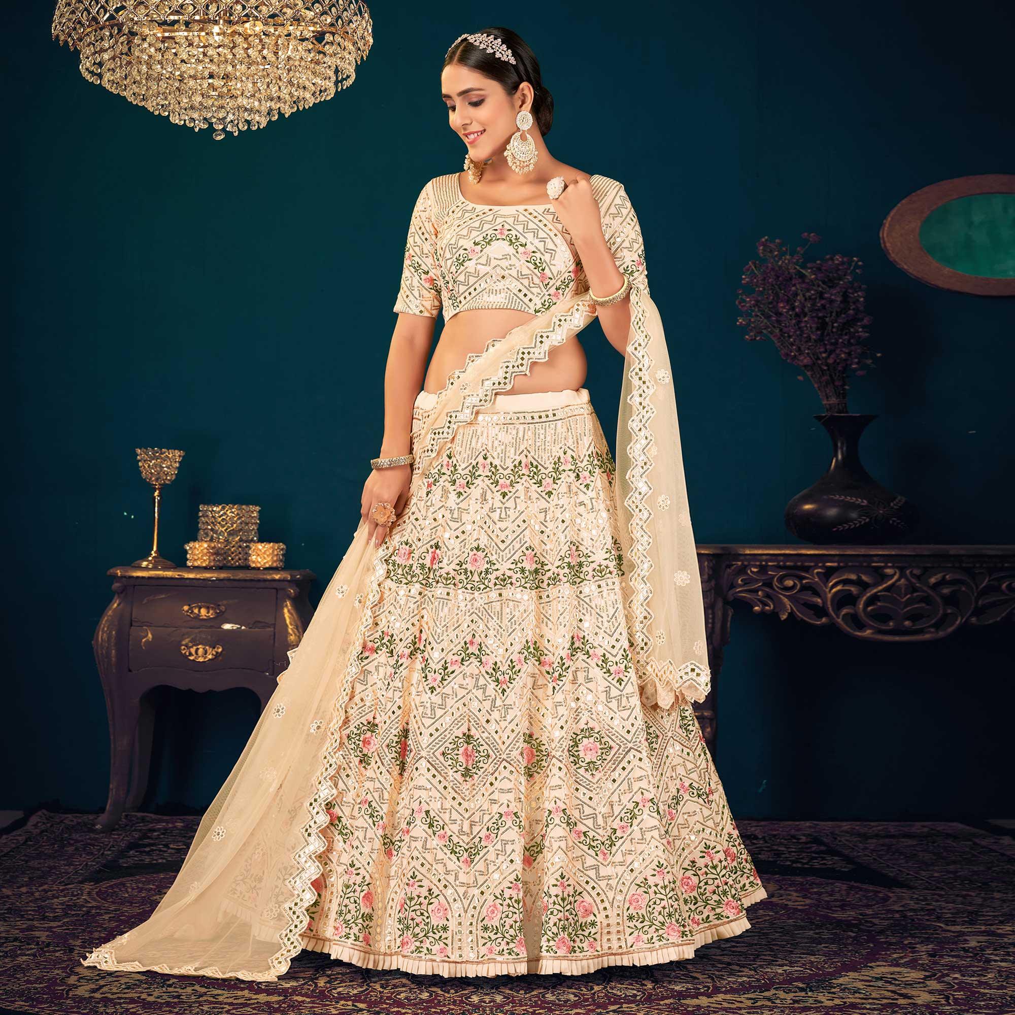 Cream Partywear Sequence With Gotta Patti Embroidered Georgette Lehenga Choli - Peachmode