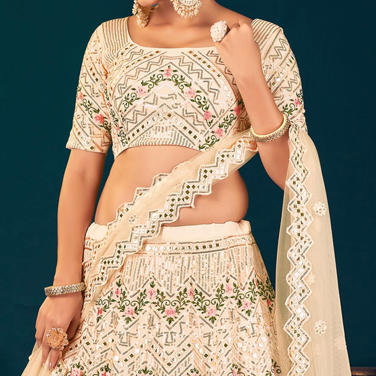 Cream Partywear Sequence With Gotta Patti Embroidered Georgette Lehenga Choli - Peachmode