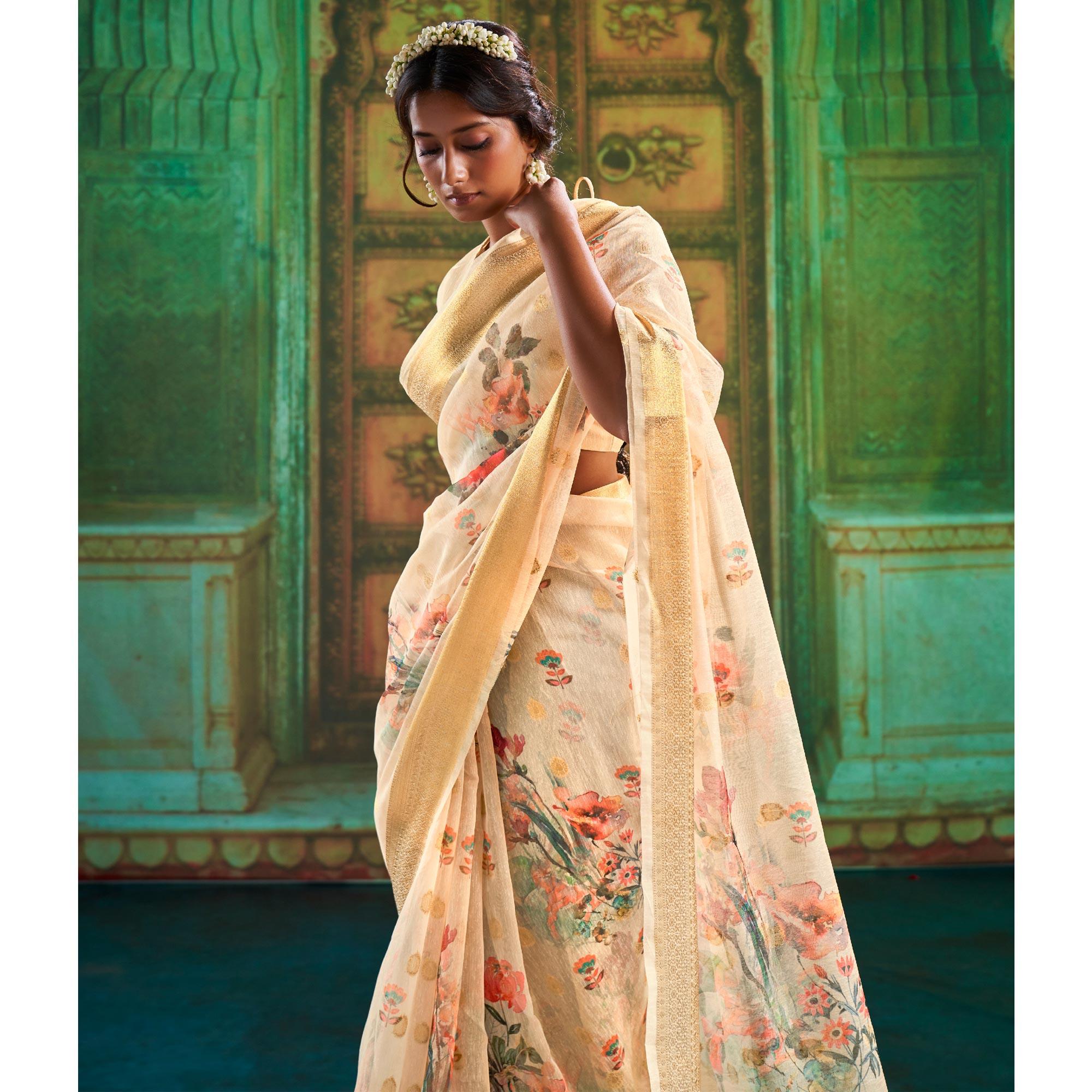 Cream Partywear Wear Digital Floral Taspa Linen Silk Saree - Peachmode