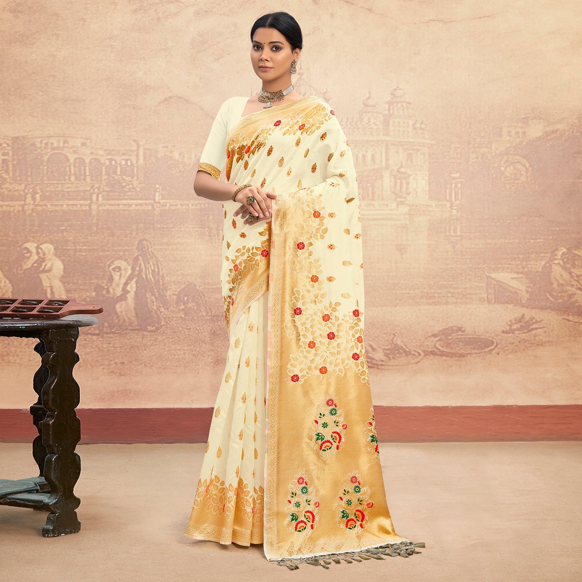 Cream Partywear Woven Silk Saree - Peachmode