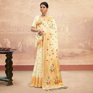 Cream Partywear Woven Silk Saree - Peachmode