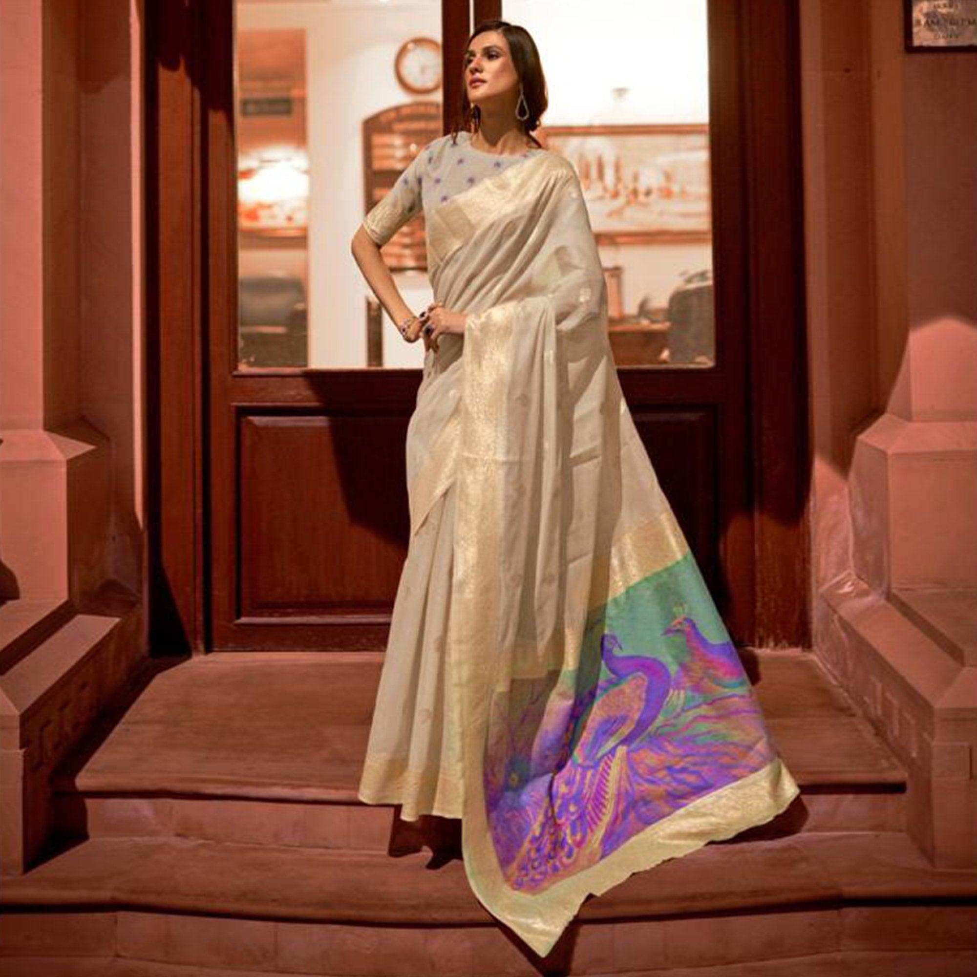 Cream Partywear Woven Silk Saree - Peachmode