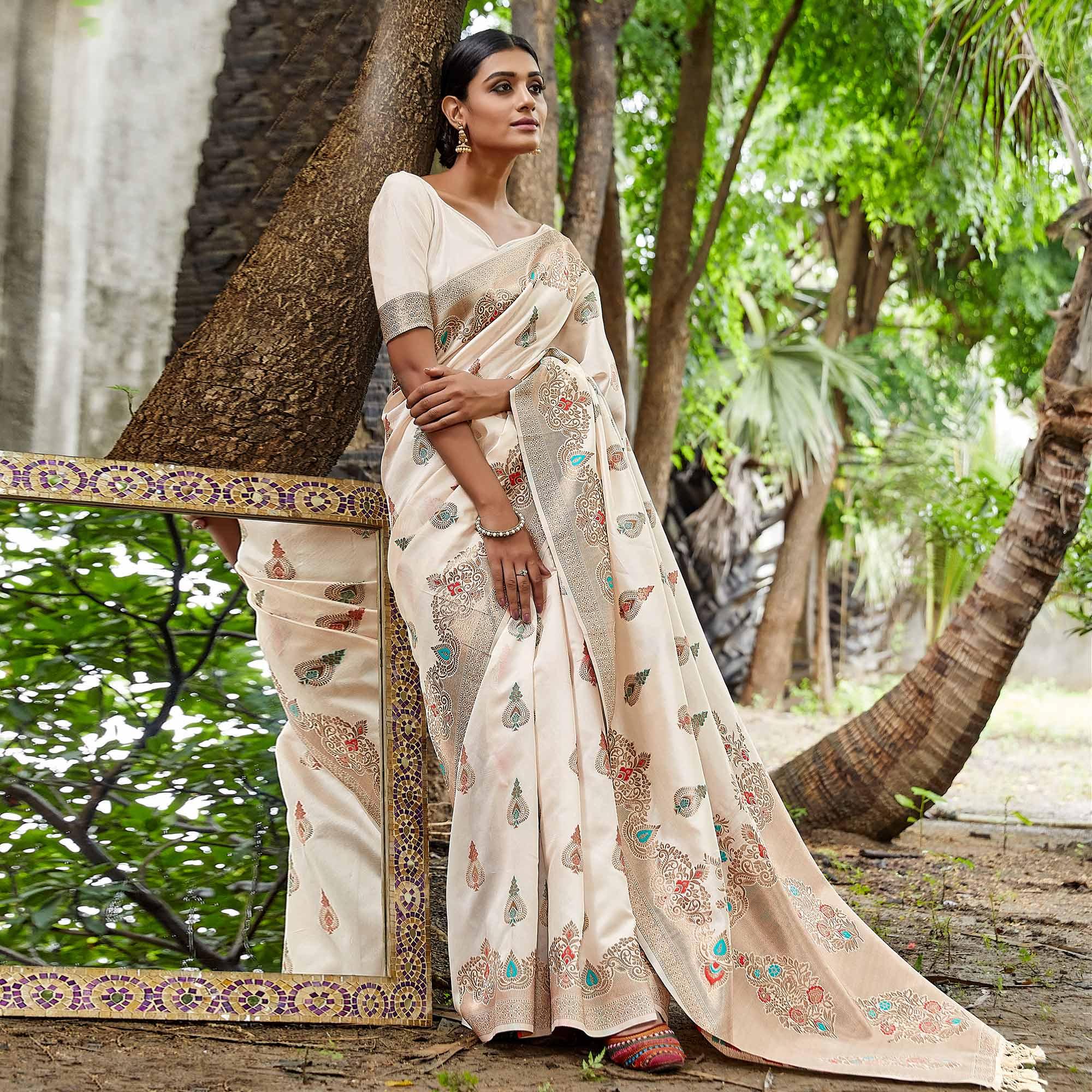 Cream Partywear Woven Silk Saree - Peachmode