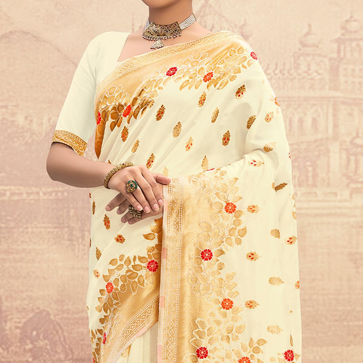 Cream Partywear Woven Silk Saree - Peachmode