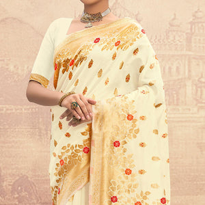 Cream Partywear Woven Silk Saree - Peachmode