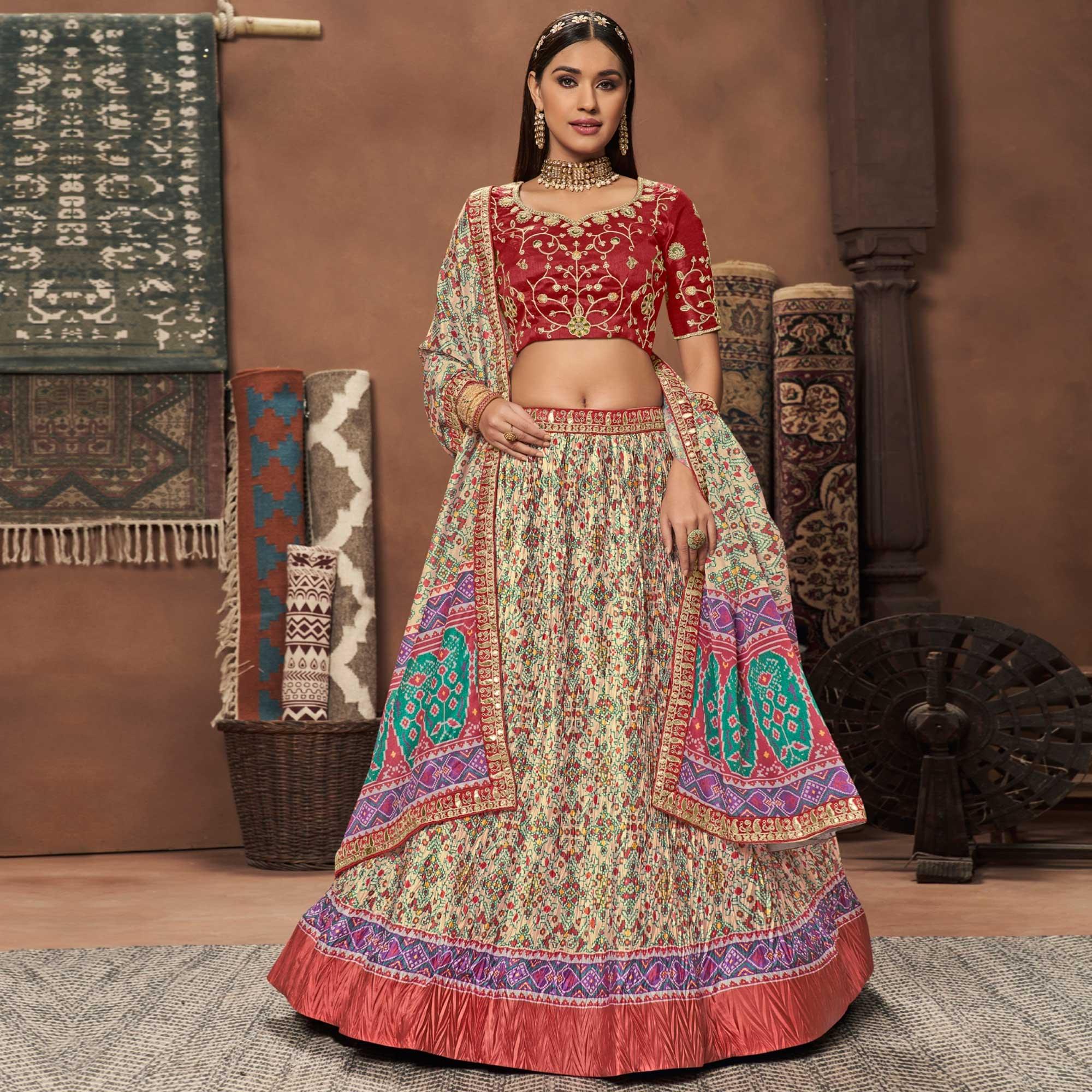 Cream Patola Printed Art Silk Lehenga Choli - Peachmode