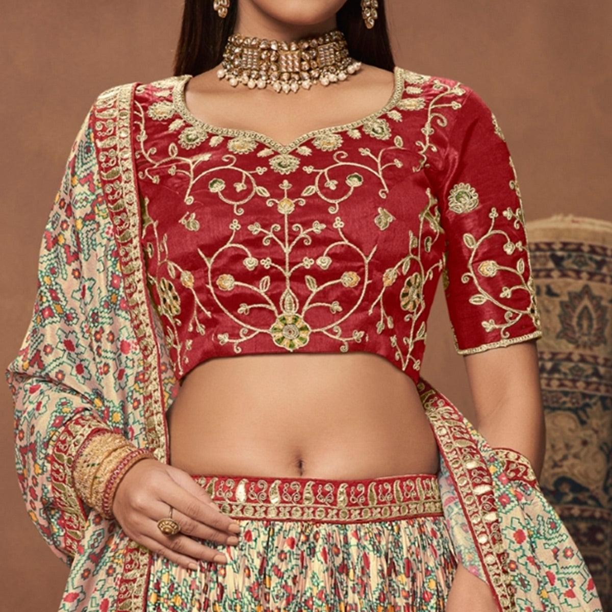 Cream Patola Printed Art Silk Lehenga Choli - Peachmode
