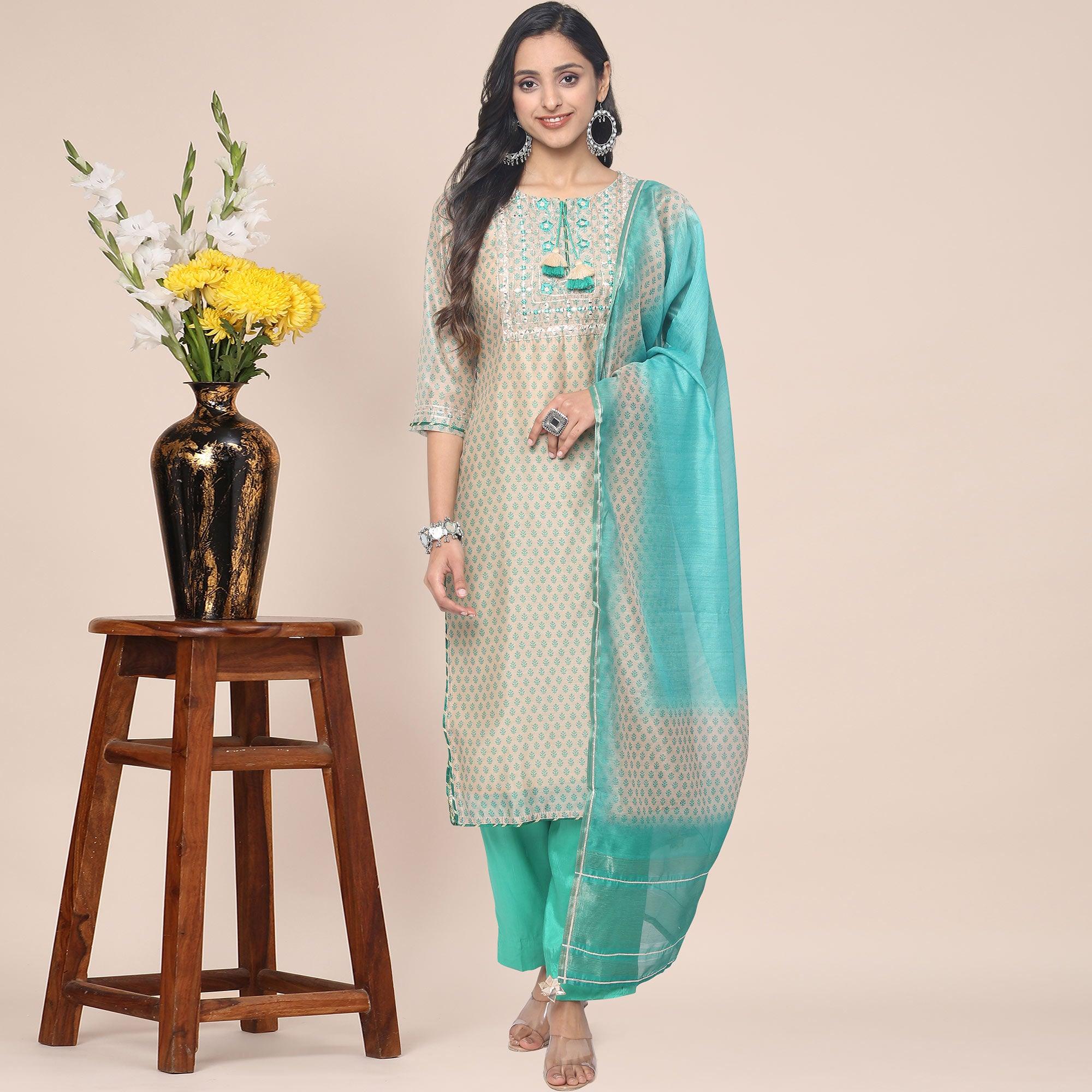 Cream Patywear Embroidered Muslin Kurti Pant Set With Dupatta - Peachmode