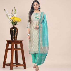 Cream Patywear Embroidered Muslin Kurti Pant Set With Dupatta - Peachmode