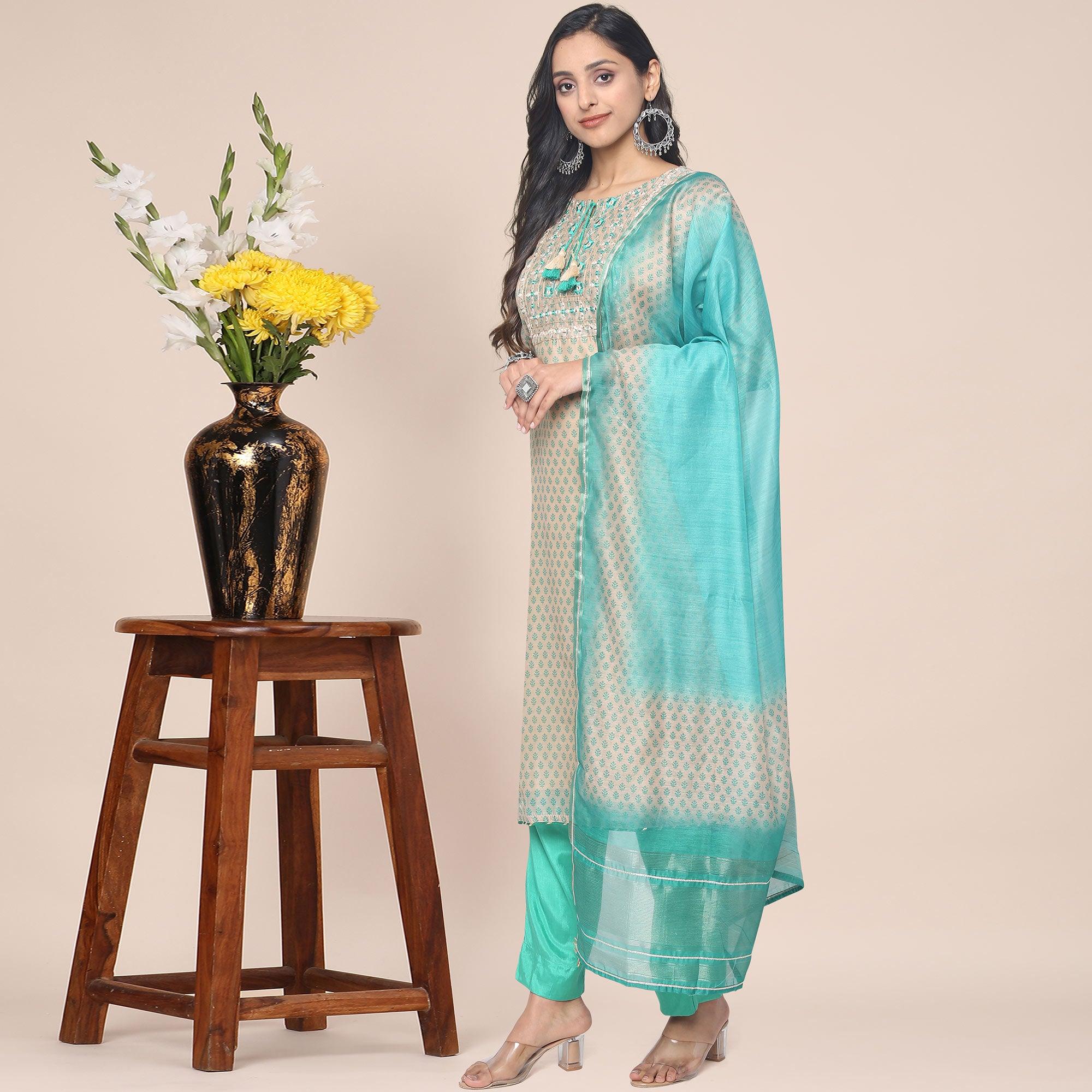 Cream Patywear Embroidered Muslin Kurti Pant Set With Dupatta - Peachmode