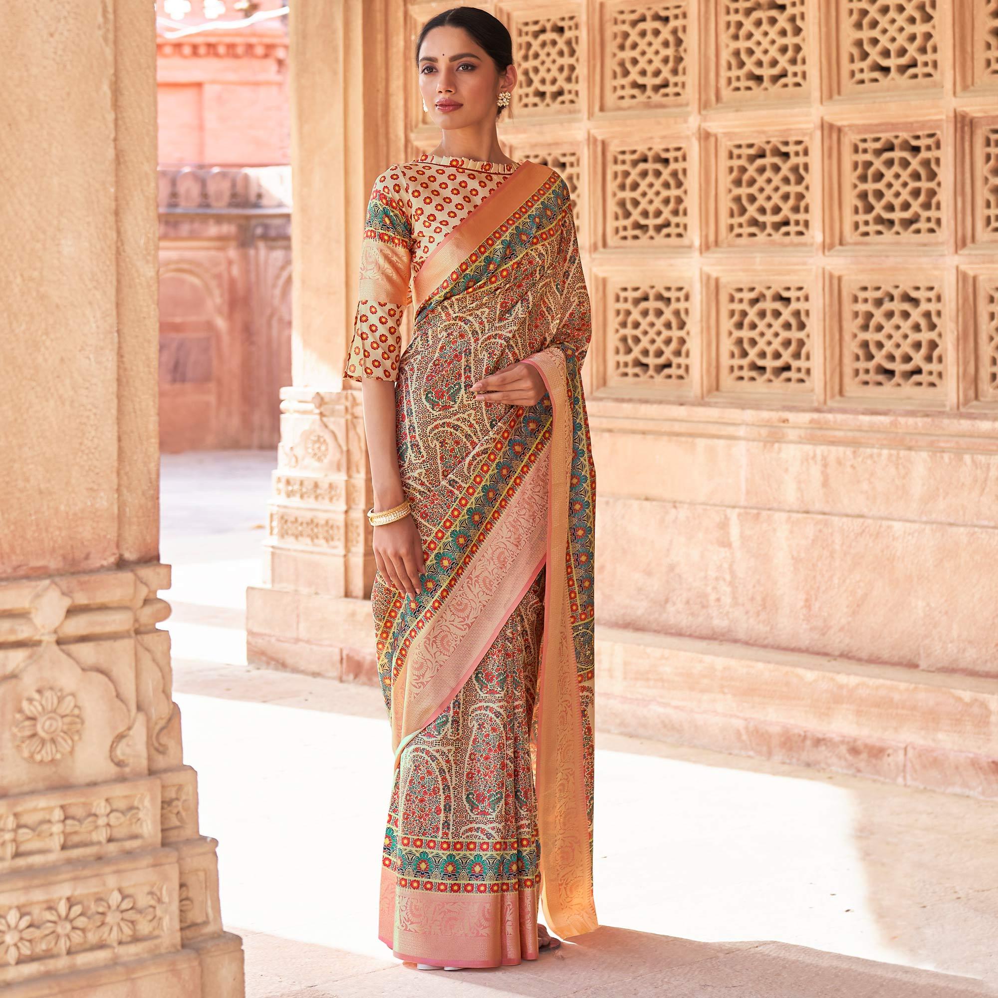 Cream - Peach Festive Wear Digital Printed Soft Silk Saree With Viscose Zari Border - Peachmode