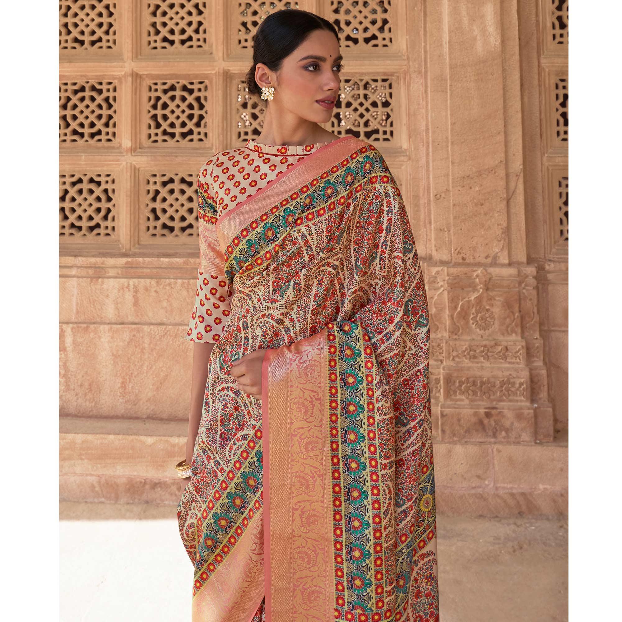Cream - Peach Festive Wear Digital Printed Soft Silk Saree With Viscose Zari Border - Peachmode