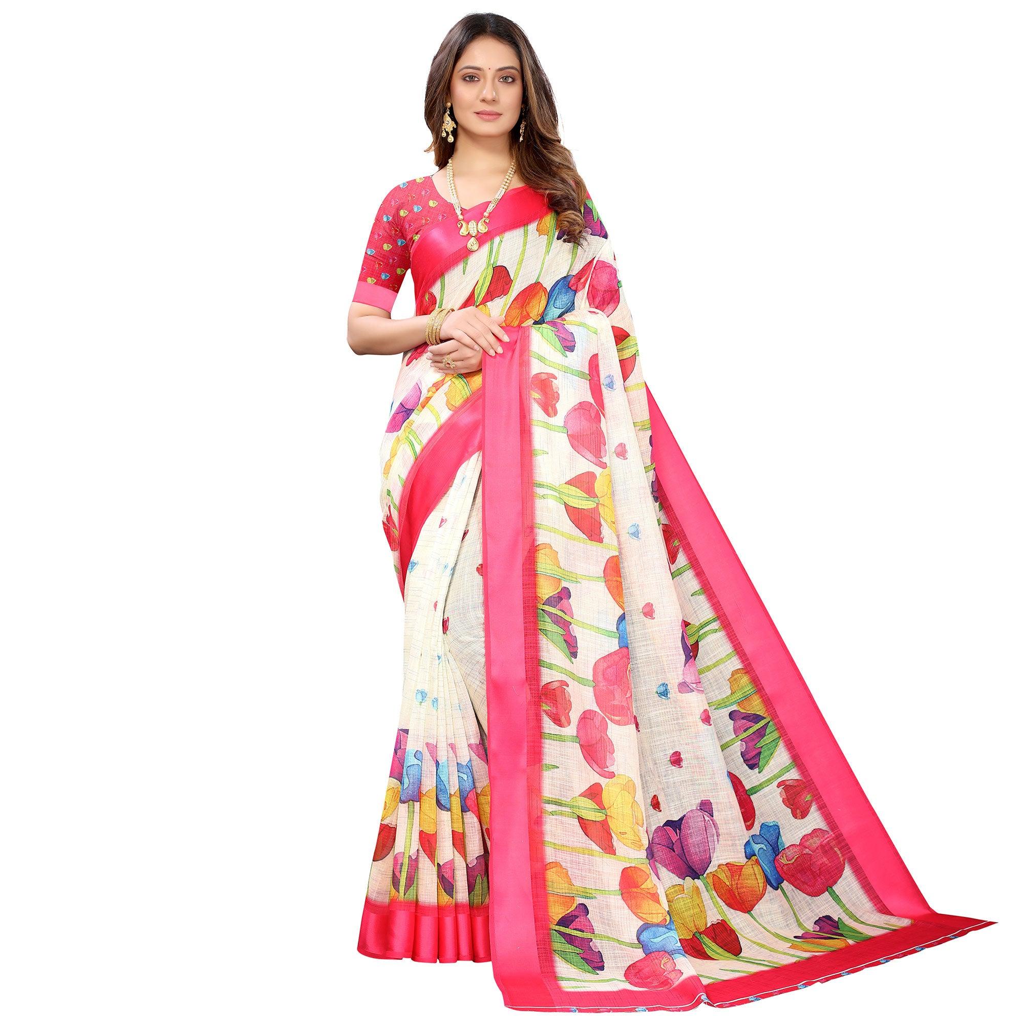 Cream-Pink Casual Wear Floral Digital Printed Linen Slub saree - Peachmode