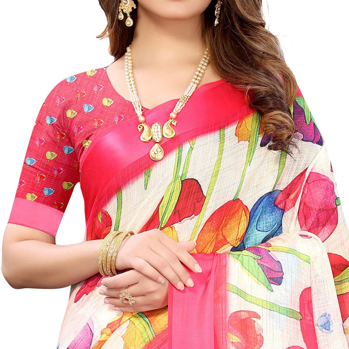 Cream-Pink Casual Wear Floral Digital Printed Linen Slub saree - Peachmode