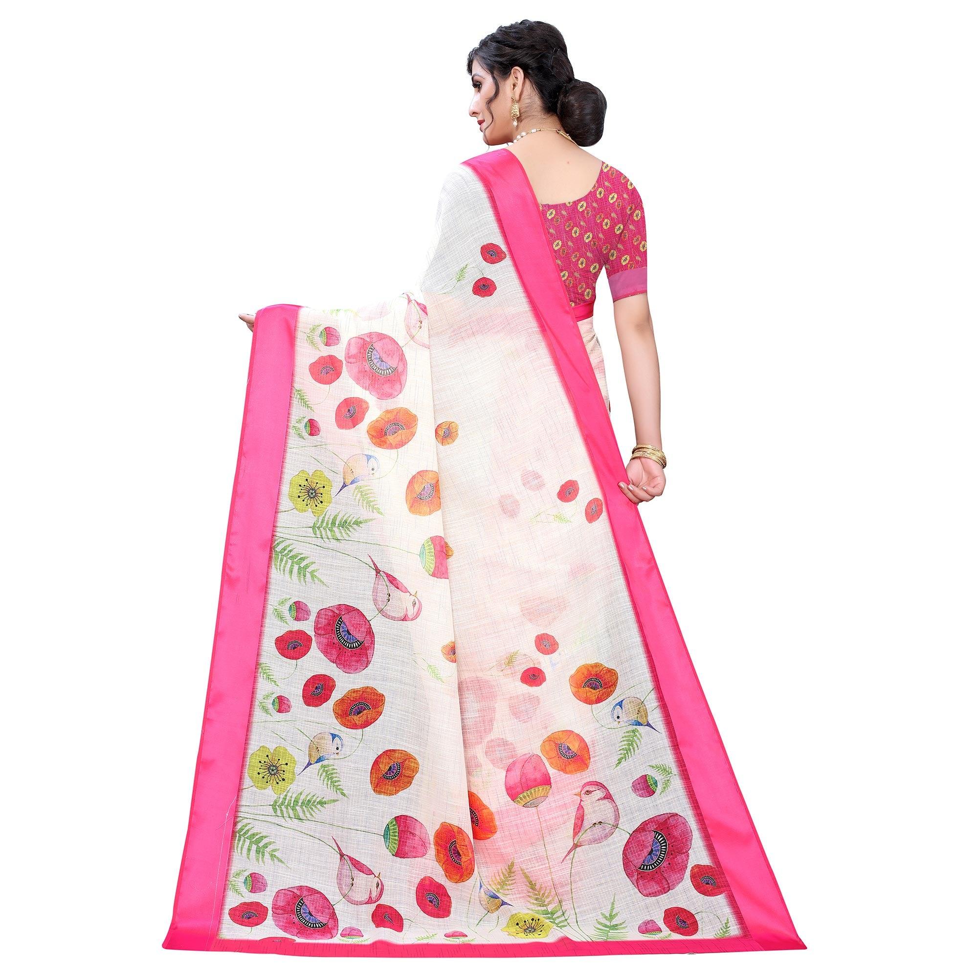 Cream-Pink Casual Wear Floral Digital Printed Linen Slub saree - Peachmode