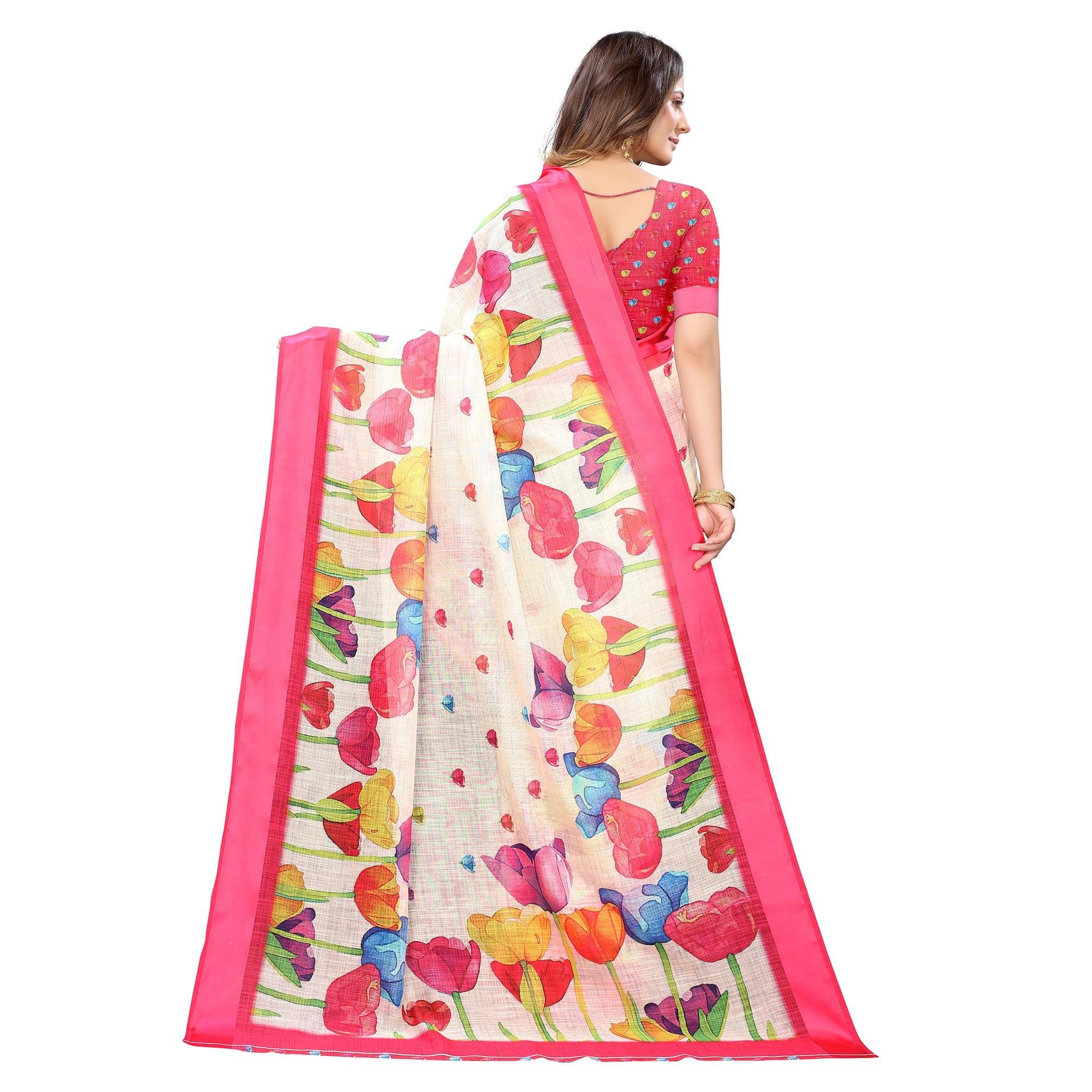 Cream-Pink Casual Wear Floral Digital Printed Linen Slub saree - Peachmode