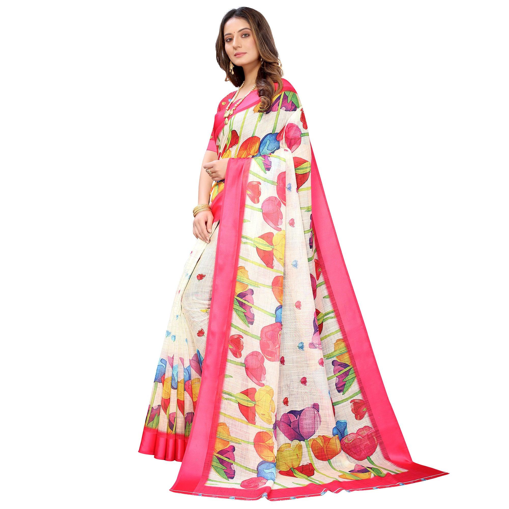 Cream-Pink Casual Wear Floral Digital Printed Linen Slub saree - Peachmode