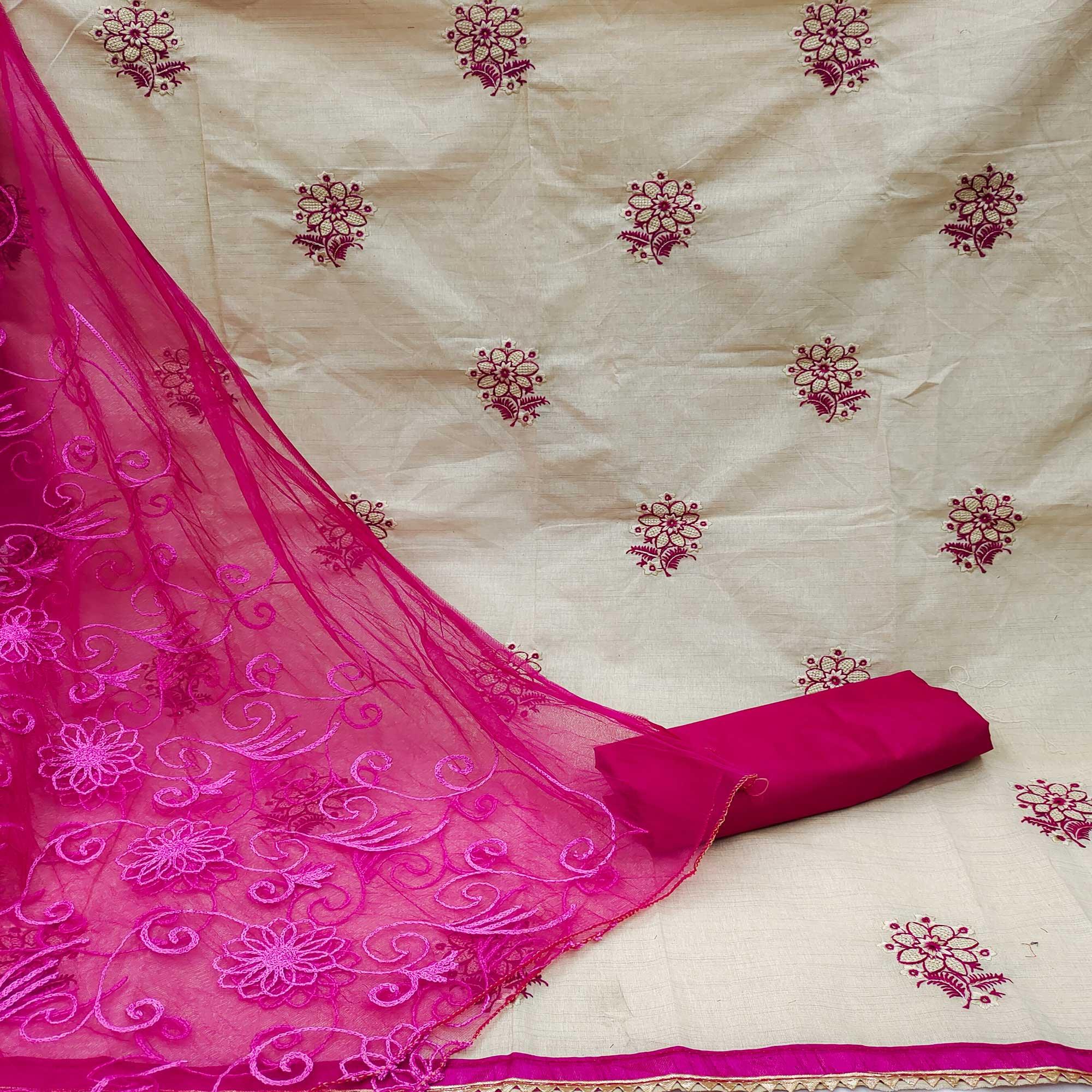 Cream - Pink Casual Wear Floral Embroidered Cotton Dress Material - Peachmode