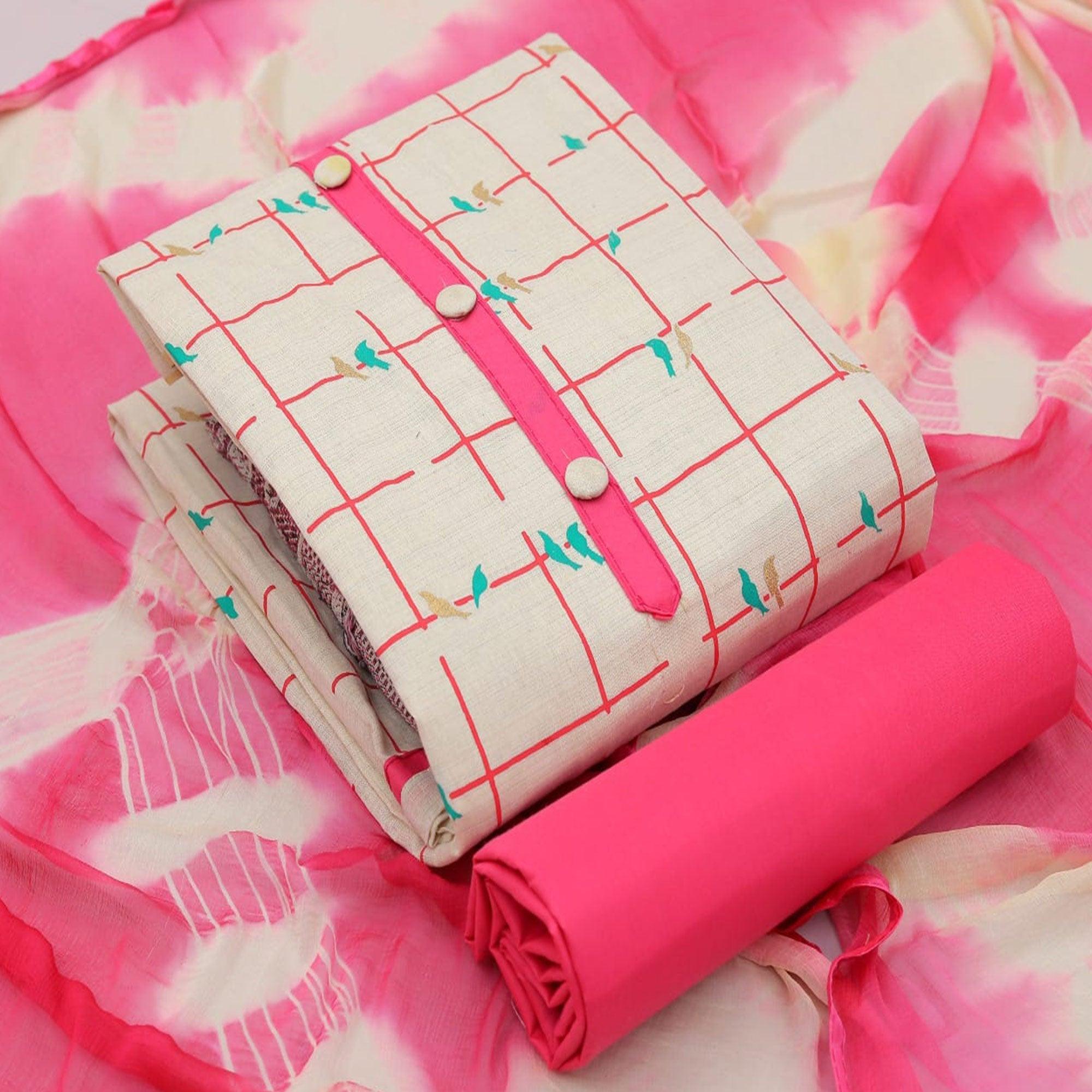 Cream - Pink Casual Wear Foil Printed Cotton Dress Material - Peachmode