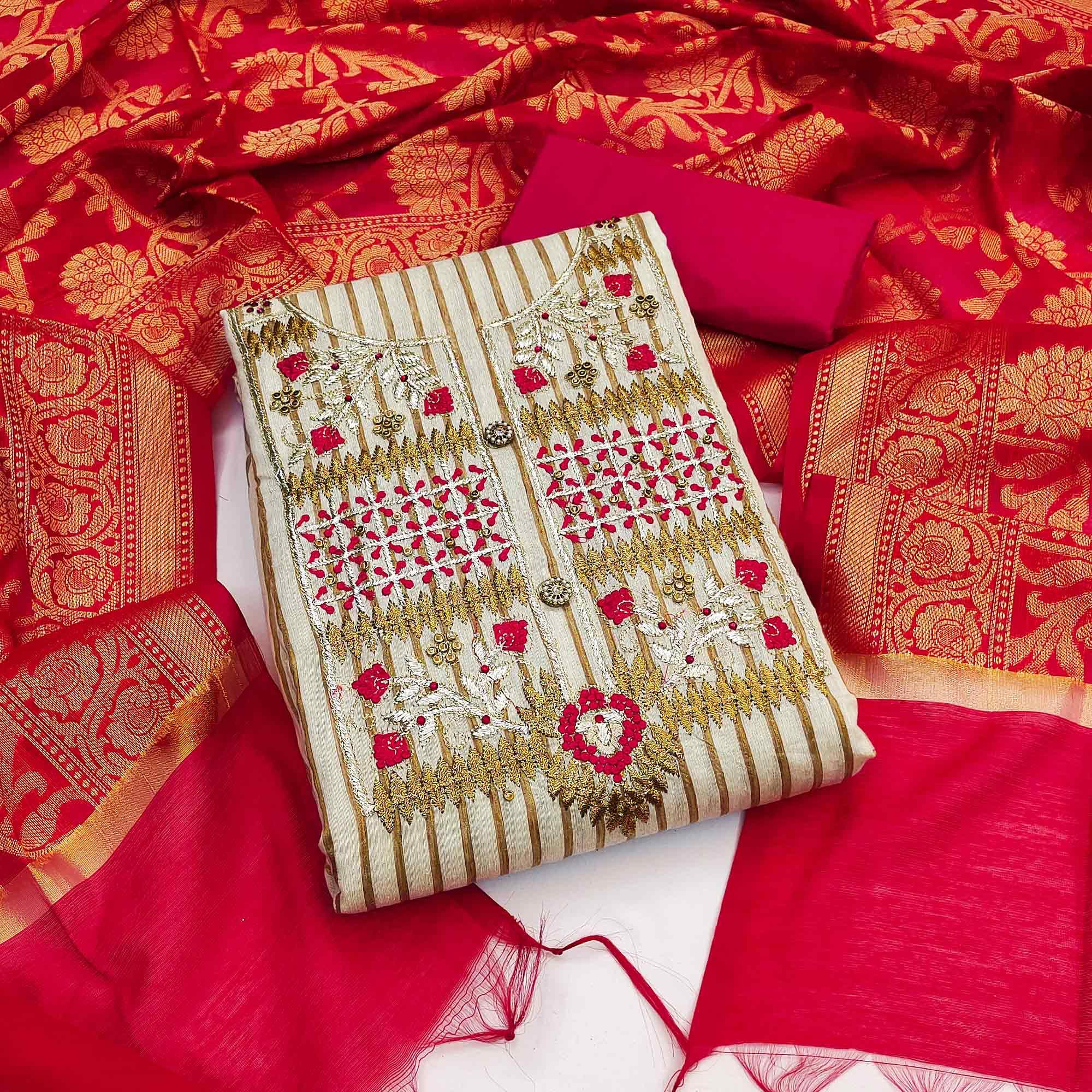 Cream-Pink Embroidered Poly Cotton Dress Material - Peachmode