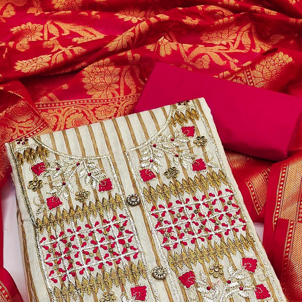 Cream-Pink Embroidered Poly Cotton Dress Material - Peachmode
