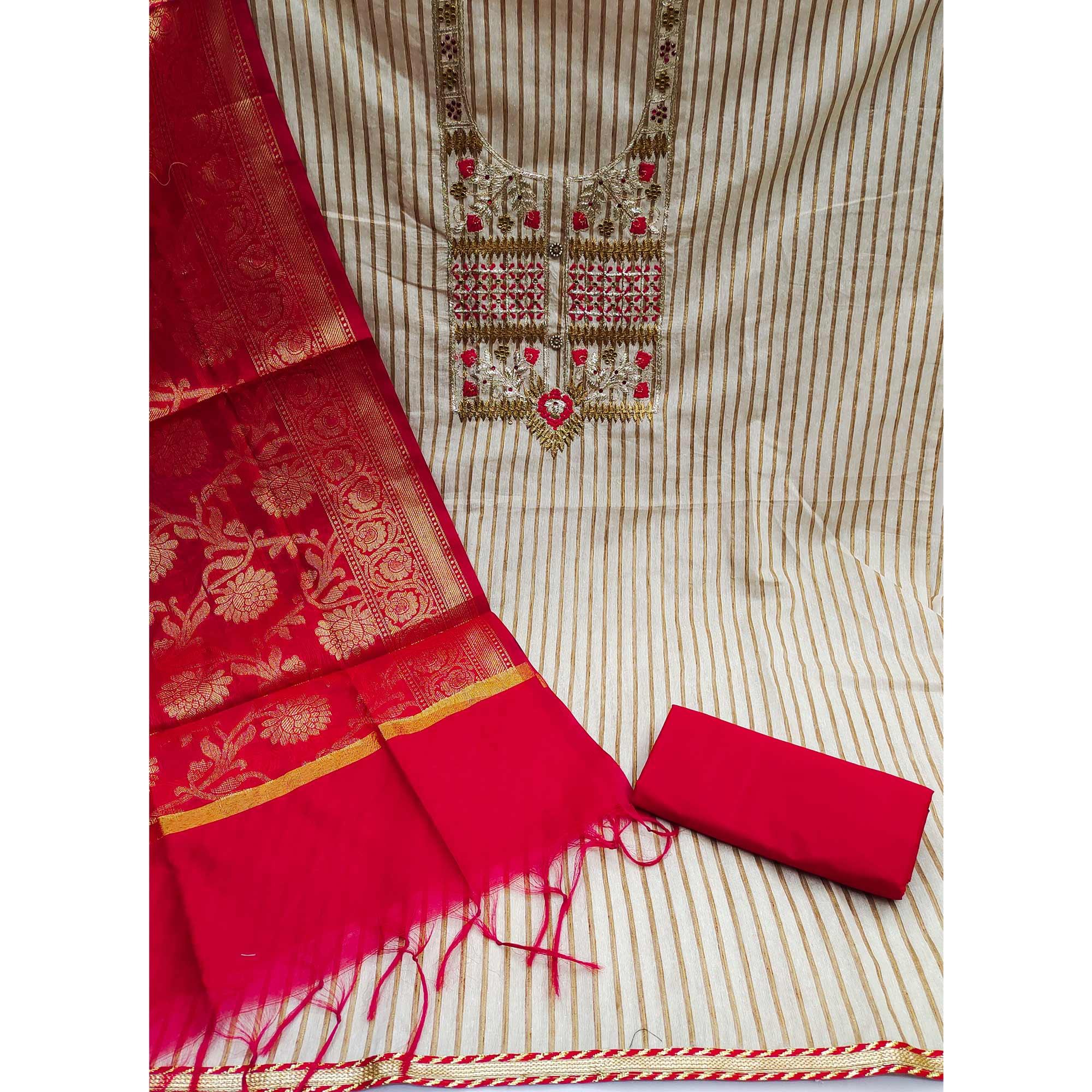 Cream-Pink Embroidered Poly Cotton Dress Material - Peachmode
