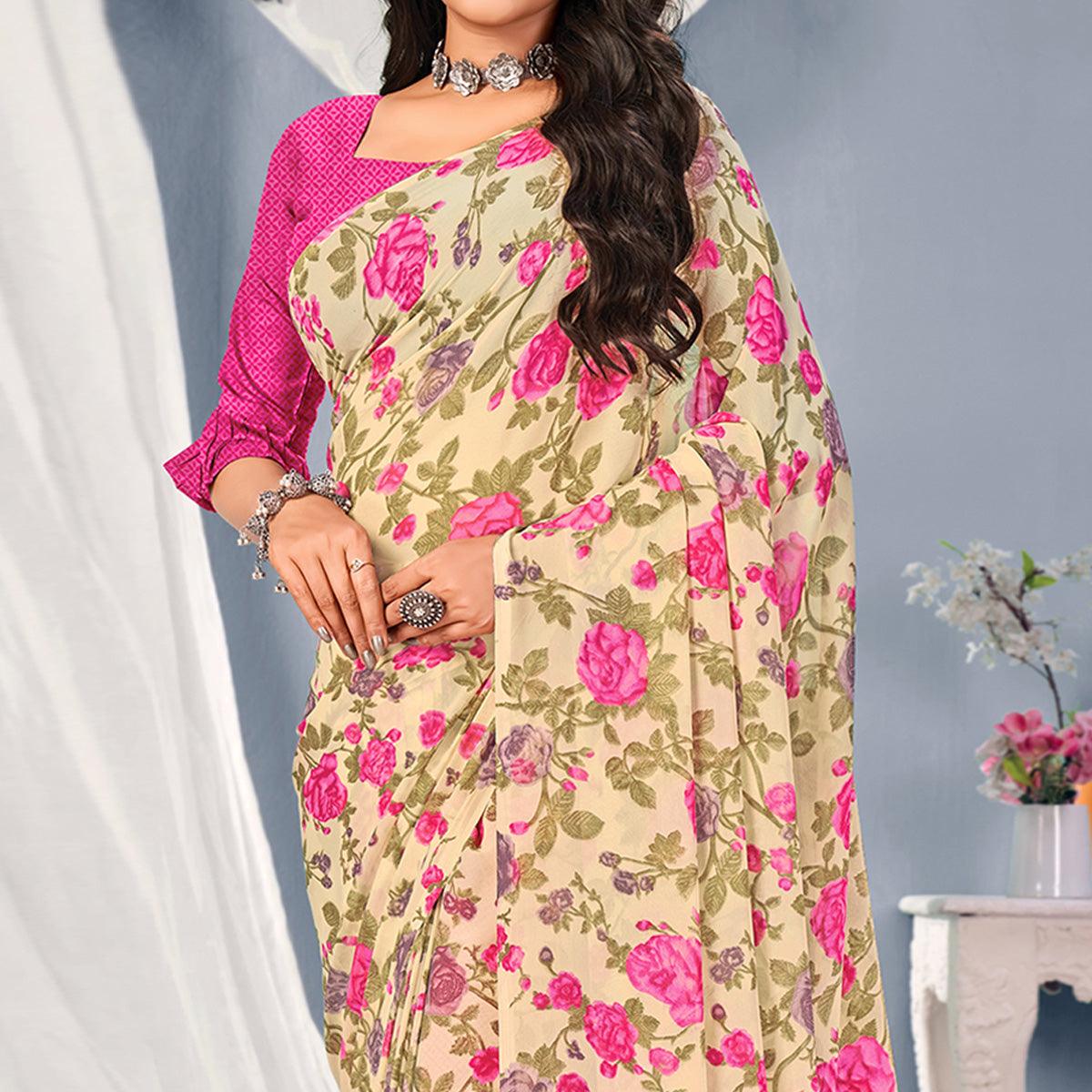 Cream-Pink Floral Printed Georgette Saree - Peachmode