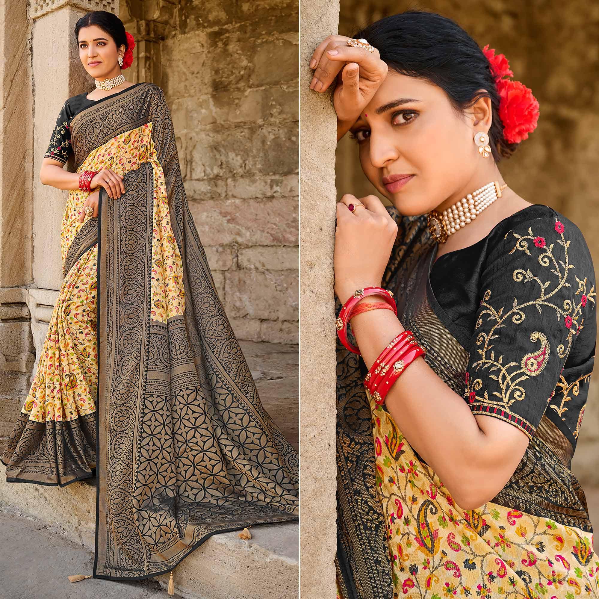 Cream Printed Art Silk Saree With Tassels - Peachmode