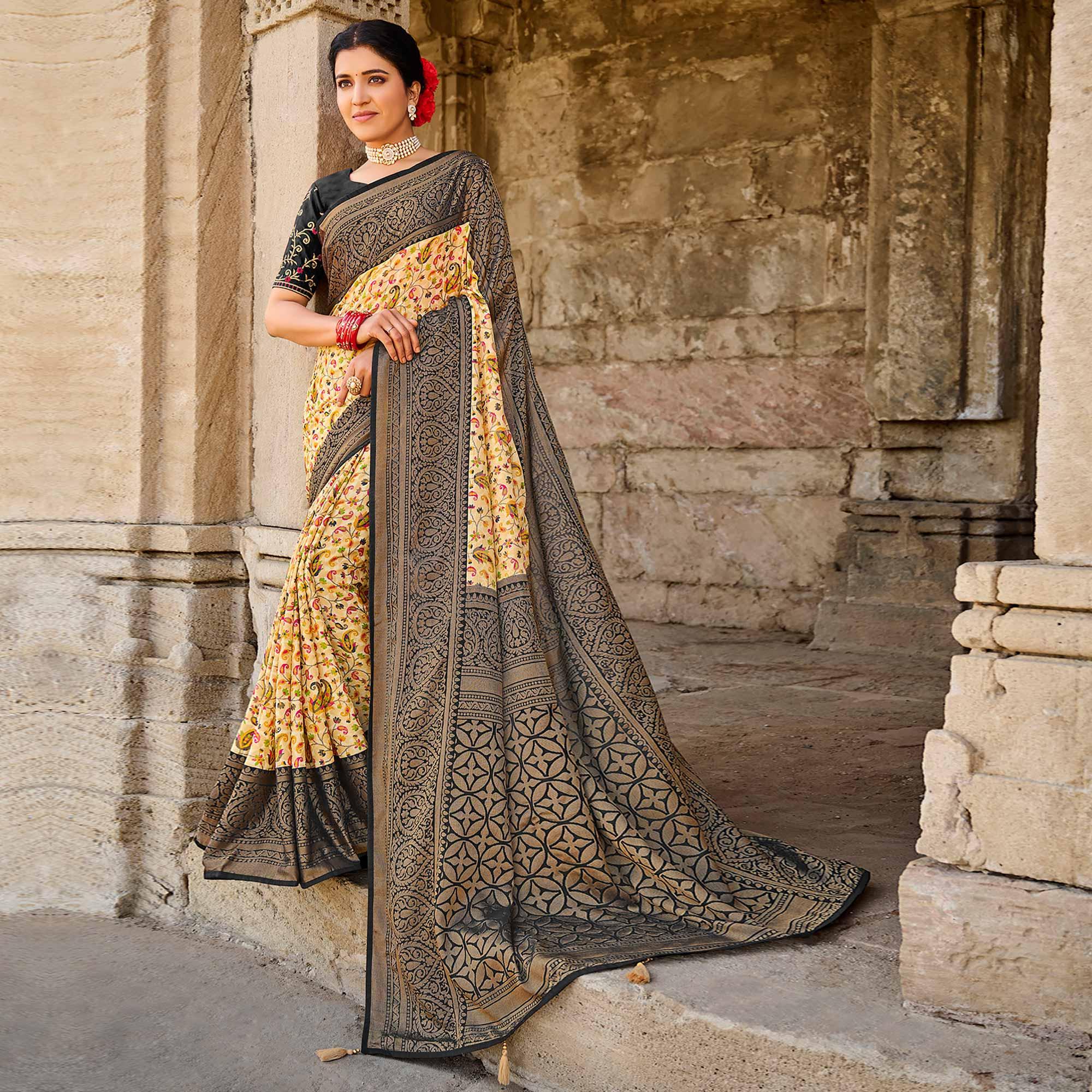 Cream Printed Art Silk Saree With Tassels - Peachmode