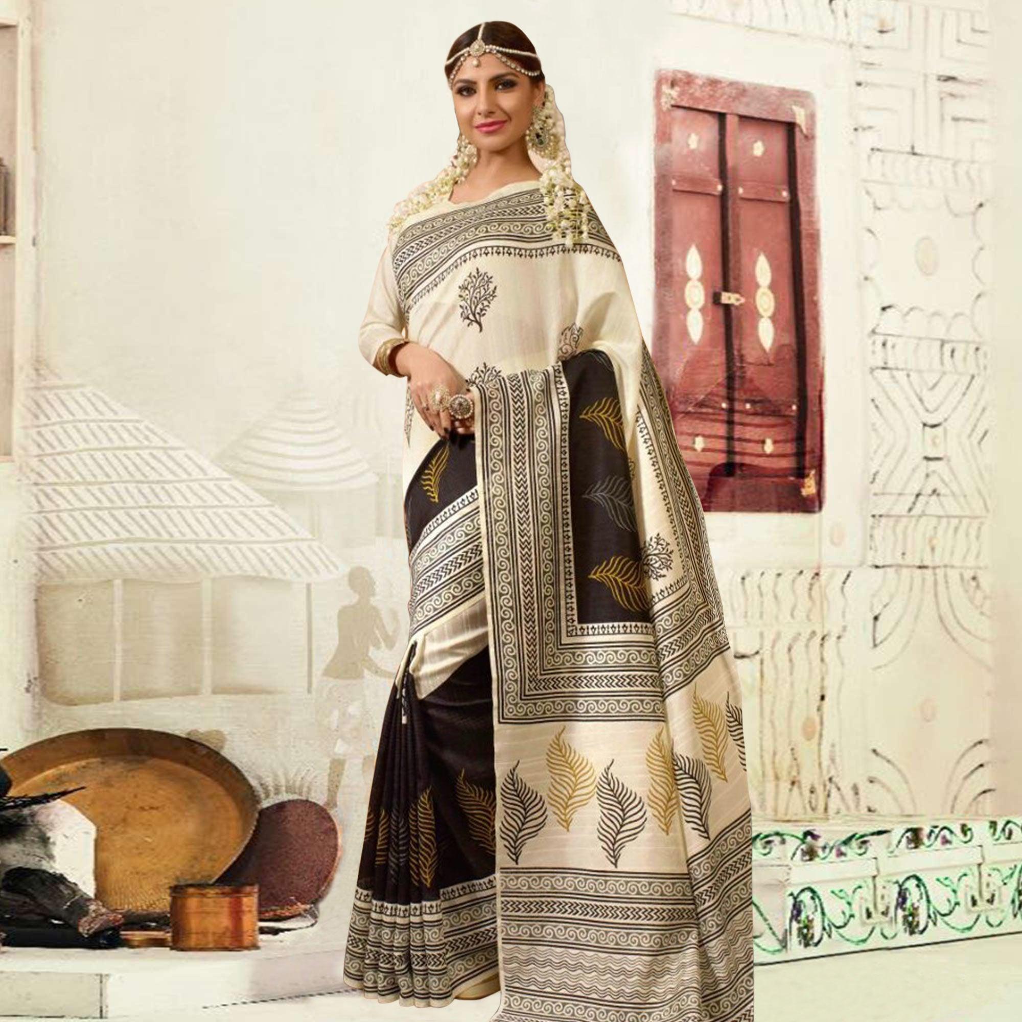 Cream Printed Bhagalpuri Silk Saree - Peachmode