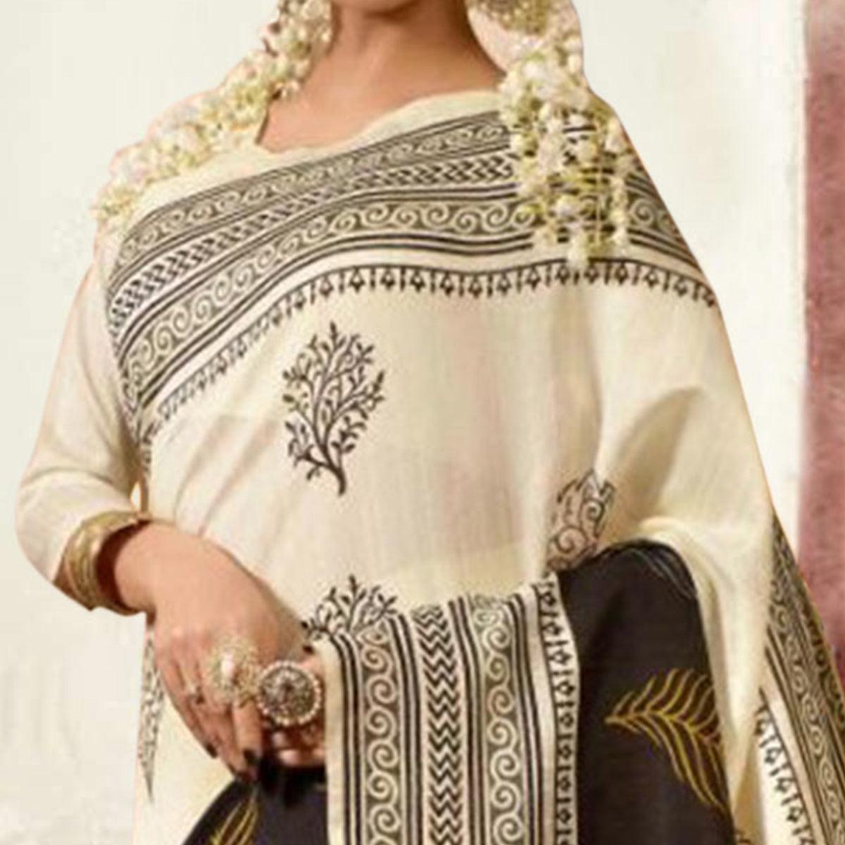 Cream Printed Bhagalpuri Silk Saree - Peachmode