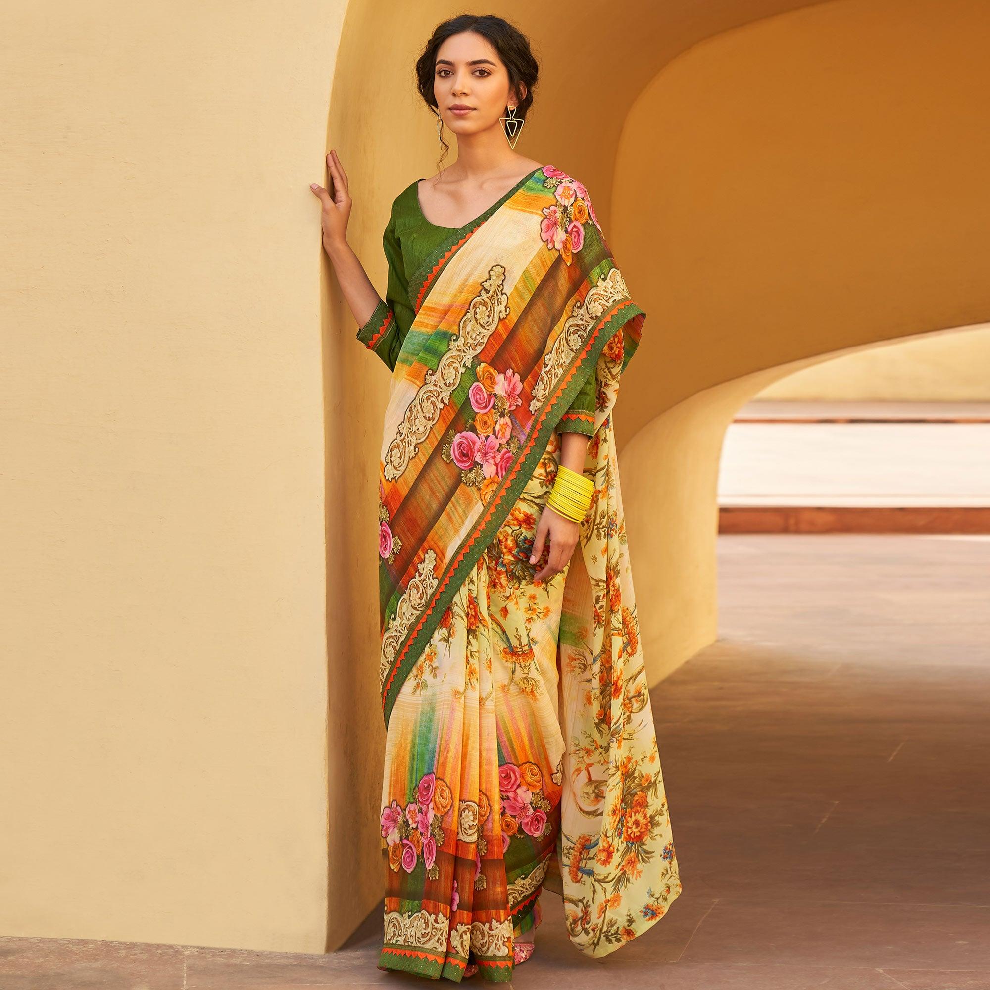 Cream Printed Georgette Saree - Peachmode