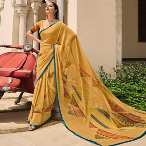 Cream Printed Georgette Saree - Peachmode