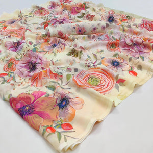 Cream Printed Georgette Saree - Peachmode