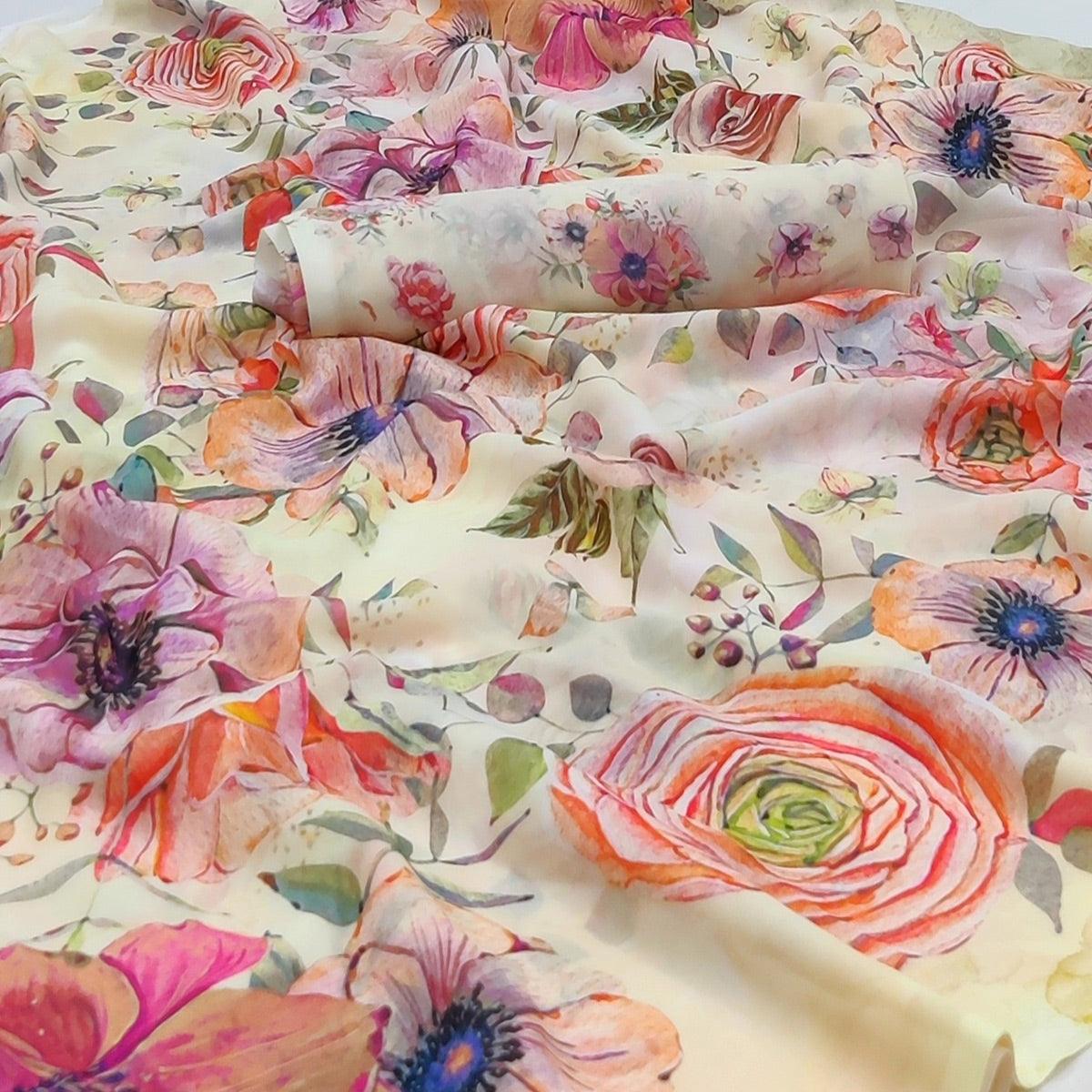 Cream Printed Georgette Saree - Peachmode