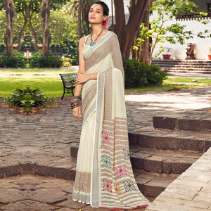 Cream Printed Linen Saree - Peachmode